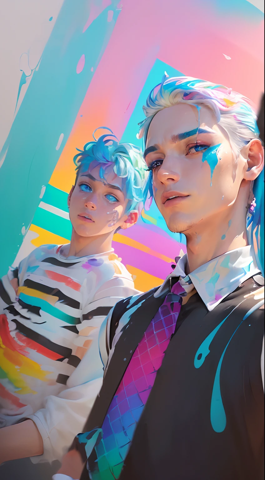(Pink Fashion T-shirt:1.9),(Colorful hair: 1.8), (all the colours of the rainbow: 1.8),(((((vertical painting:1.6))), (painting:1.6),front, comics, illustrations, paintings, large eyes, crystal clear eyes,( rainbow color gradient high ponytail:1.7), exquisite makeup, closed mouth,(Small Fresh: 1.5),(Wipe Chest: 1.6) ,long eyelashes, white off shoulder T-shirt, White Shoulder Shirt,looking at the audience, large watery eyes, (rainbow colored hair:1.6), color splash, (solo:1.8), color splash, color explosion, thick paint style, messy lines, ((shining)),(colorful), (colorful), (colorful), colorful, Thick Paint Style, (Splash) (Color Splash), Vertical Painting, Upper Body, Paint Splash, Acrylic Pigment, Gradient, Paint, Highest Image Quality, Highest Quality, Masterpiece, duo, Depth of Field, Face Paint, colorful clothes, (Elegant: 1.2), gorgeous,long hair, wind, (Elegant: 1.3), (Petals: 1.4),(((masterpiece))),(((best quality))),((ultra-detailed)),(illustration),(dynamic angle),((floating)),(paint),((disheveled hair)),(solo), (2boys) , (((detailed anima face))),((handsome detailed face)),collar,bare shoulders,white hair, ((colorful hair)),((streaked hair)),handsome detailed eyes,(Gradient color eyes),(((colorful eyes))),(((colorful background))),(((high saturation))),(((surrounded by colorful splashes))),