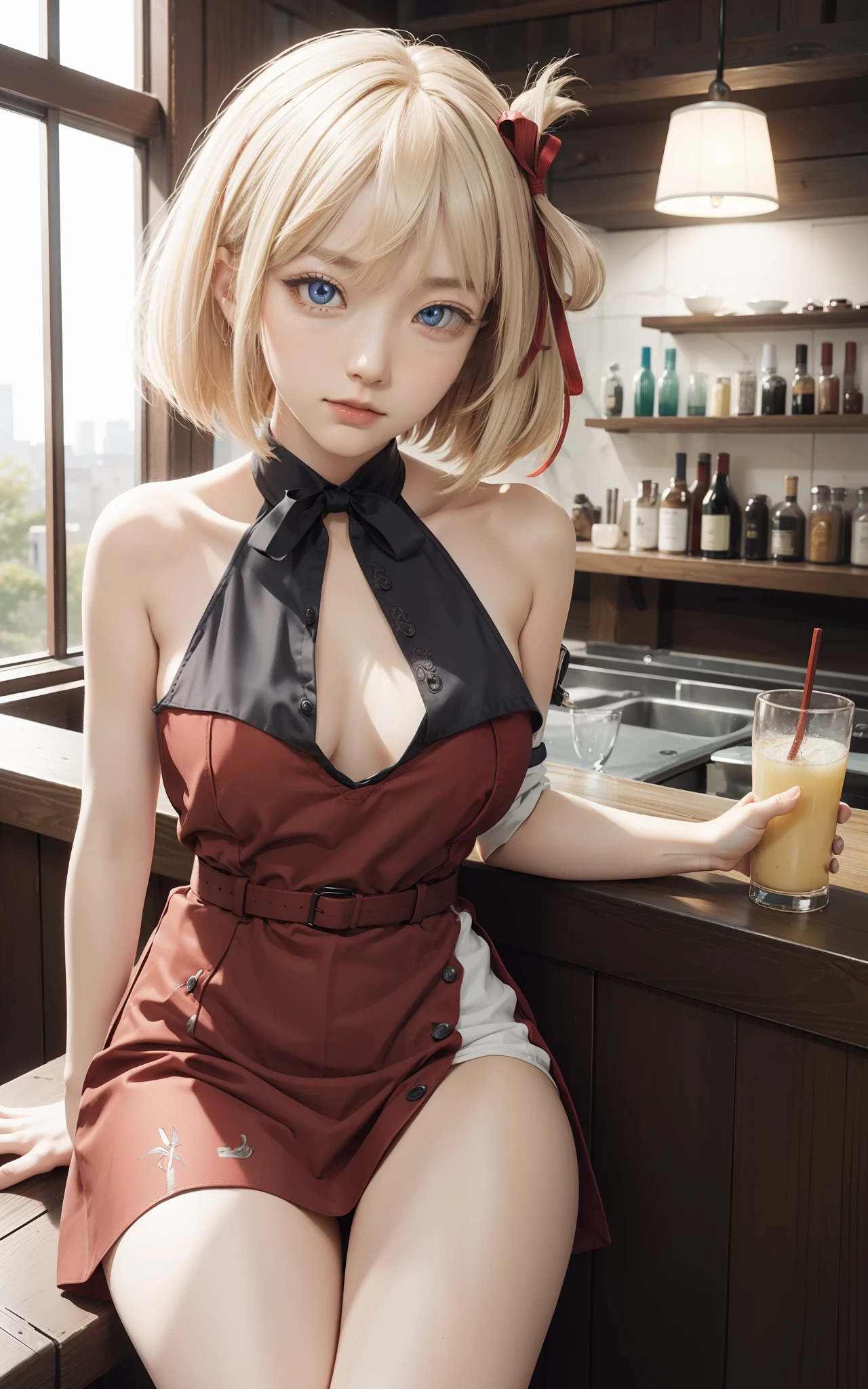 chisatonishikigi, nishikigi chisato, short hair, bangs, blonde hair, (red eyes:1.5), hair ribbon, one side up, bob cut,
BREAK shirt, long sleeves, dress, ribbon, white shirt, collared shirt, belt, neck ribbon, red dress, blue ribbon, pleated dress, grey dress, two-tone dress, red belt, lycoris uniform,,
BREAK outdoors, city,
BREAK looking at viewer, BREAK (masterpiece:1.2), best quality, high resolution, unity 8k wallpaper, (illustration:0.8), (beautiful detailed eyes:1.6), extremely detailed face, perfect lighting, extremely detailed CG, (perfect hands, perfect anatomy),