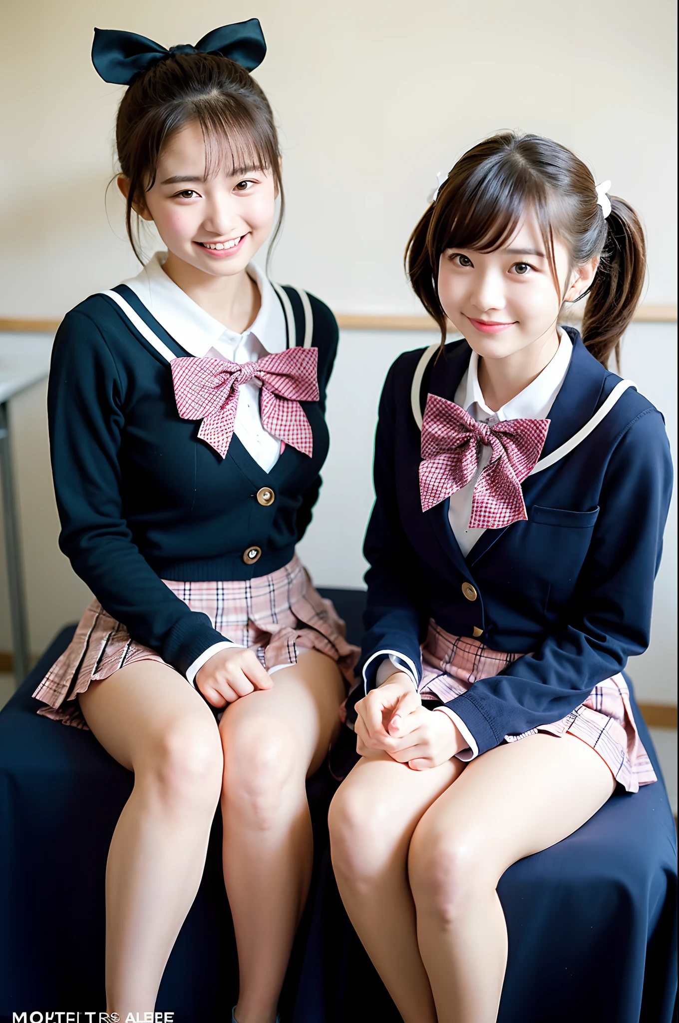 2 girls on desk in wooden school classroom,short-sleeved white leotard with plaid frills,pink plaid bow tie,18-year-old,bangs,a little smile,large bare thighs,knees up,spreading legs apart,short hair with low pigtails,from before,front light