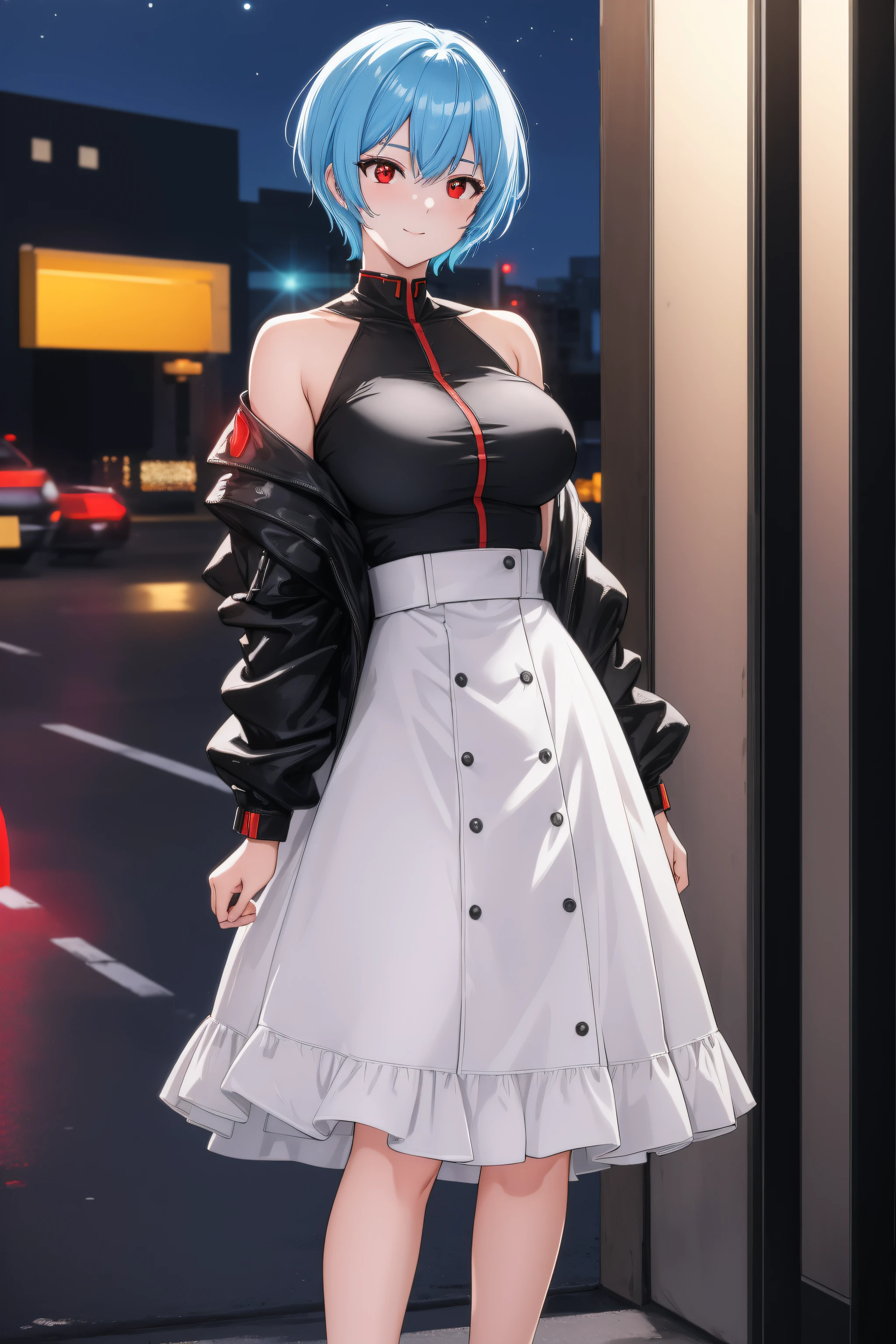 (Night:1.7), Cyberpunk_CityView, Before Window,
(Standing:1.7) at attention,
Yellow and green shirt,White_Long_skirt,long sleeves, bare legs, 
rei ayanami, blue hair, short hair, (red eyes:1.5), 
1 girl, 20yo,young female,Beautiful Finger,Beautiful legs,Beautiful body,Beautiful Nose,Beautiful character design, perfect eyes, perfect face,seductive girl.teasing smile,
looking at viewer, (innocent_big_eyes:1.0),(expressionless:1.3),
NSFW,official art,extremely detailed CG unity 8k wallpaper, perfect lighting,Colorful, Bright_Front_face_Lighting,
(masterpiece:1.0),(best_quality:1.0), ultra high res,4K,ultra-detailed,
photography, 8K, HDR, highres, absurdres:1.2, Kodak portra 400, film grain, blurry background, bokeh:1.2, lens flare, (vibrant_color:1.2)
(Beautiful,medium_Breasts:1.4), (beautiful_face:1.5),(narrow_waist),(perfect hands, perfect anatomy),