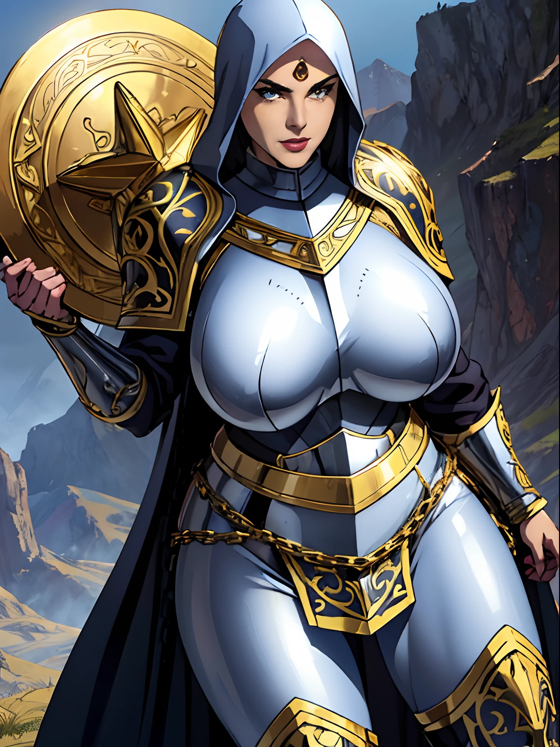 (masterpiece, top quality, best quality, official art, beautiful and aesthetic:1.2), (1girl:1.3), light freckles, fair skin, extremely detailed, portrait, looking at viewer, solo, (full body:0.6), detailed background, close up, (warm grasslands theme:1.1), holy paladin knight, charlatan, smirk, mysterious, swaying in mountains, modest attire, ((((ornate white and gold metal plate armor)))), cowl, nun hood, wimple, boob armor, cowl, robe, chain mail, chainmail, leggings, chainmail leggings, chain mail leggings, breastplate, tabard, gorget, hood, pauldrons, greaves, armored, long boots, longsword, shield, cape, cloak, pearlescent metal, white fabric, pale leather, ((((gigantic breasts)))), slim waist, slim hips, long legs, medieval (mountain exterior:1.1) background, dark mysterious lighting, shadows, magical atmosphere, dutch angle,