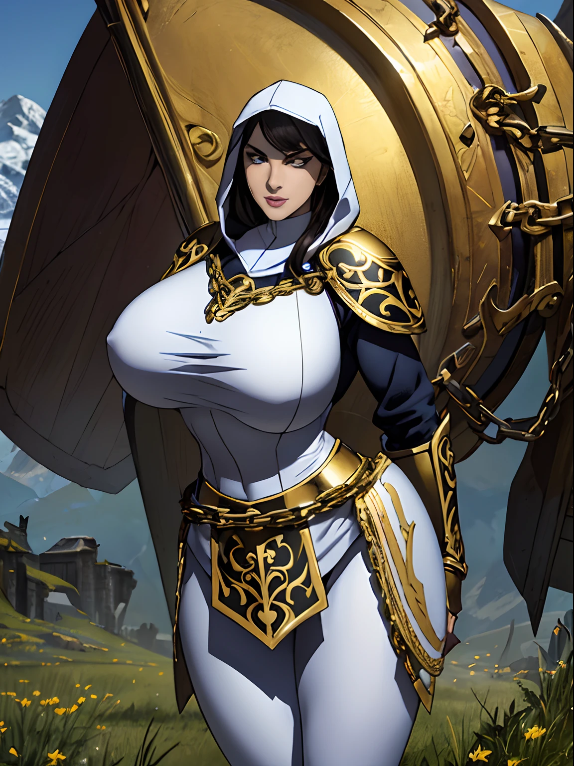 (masterpiece, top quality, best quality, official art, beautiful and aesthetic:1.2), (1girl:1.3), light freckles, fair skin, extremely detailed, portrait, looking at viewer, solo, (full body:0.6), detailed background, close up, (warm grasslands theme:1.1), holy paladin knight, charlatan, smirk, mysterious, swaying in mountains, modest attire, ((((ornate white and gold metal plate armor)))), cowl, nun hood, wimple, boob armor, cowl, robe, chain mail, chainmail, leggings, chainmail leggings, chain mail leggings, breastplate, tabard, gorget, hood, pauldrons, greaves, armored, long boots, longsword, shield, cape, cloak, pearlescent metal, white fabric, pale leather, ((((gigantic breasts)))), slim waist, slim hips, long legs, medieval (mountain exterior:1.1) background, dark mysterious lighting, shadows, magical atmosphere, dutch angle,
