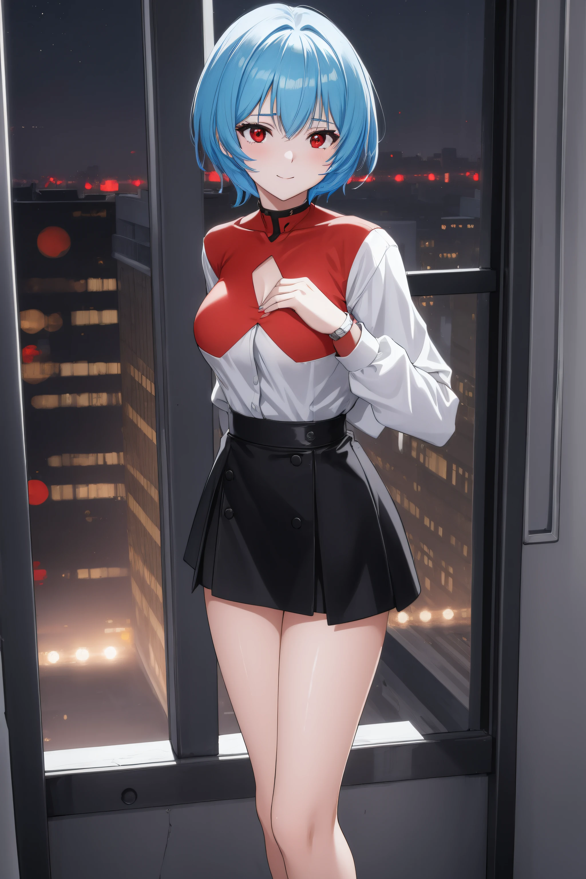 (Night:1.7), Cyberpunk_CityView, Before Window,
(Standing:1.7) at attention,
Yellow and green shirt,White_Long_skirt,long sleeves, bare legs, 
rei ayanami, blue hair, short hair, (red eyes:1.5), 
1 girl, 20yo,young female,Beautiful Finger,Beautiful legs,Beautiful body,Beautiful Nose,Beautiful character design, perfect eyes, perfect face,seductive girl.teasing smile,
looking at viewer, (innocent_big_eyes:1.0),(expressionless:1.3),
NSFW,official art,extremely detailed CG unity 8k wallpaper, perfect lighting,Colorful, Bright_Front_face_Lighting,
(masterpiece:1.0),(best_quality:1.0), ultra high res,4K,ultra-detailed,
photography, 8K, HDR, highres, absurdres:1.2, Kodak portra 400, film grain, blurry background, bokeh:1.2, lens flare, (vibrant_color:1.2)
(Beautiful,medium_Breasts:1.4), (beautiful_face:1.5),(narrow_waist),(perfect hands, perfect anatomy),