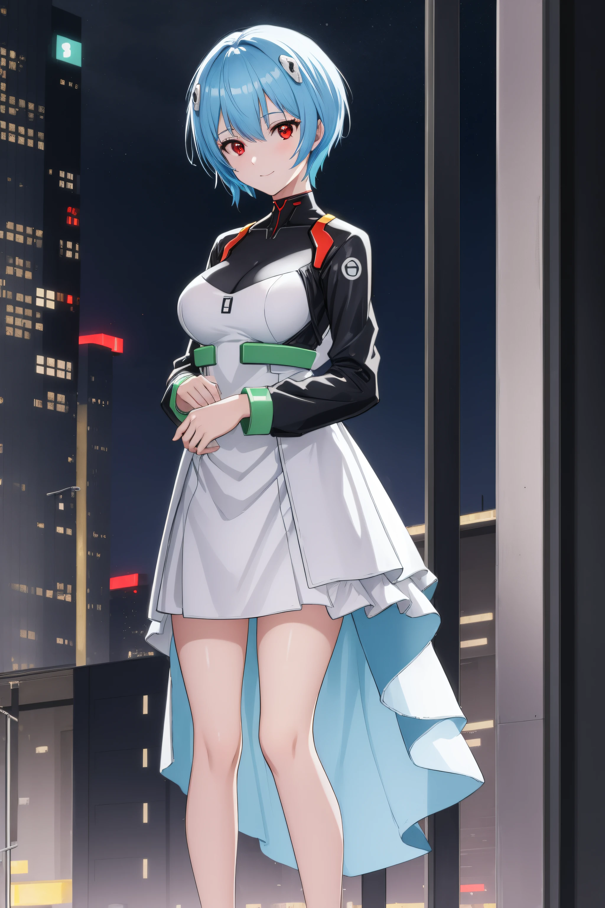 (Night:1.7), Cyberpunk_CityView, Before Window,
(Standing:1.7) at attention,
Yellow and green shirt,White_Long_skirt,long sleeves, bare legs, 
rei ayanami, blue hair, short hair, (red eyes:1.5), 
1 girl, 20yo,young female,Beautiful Finger,Beautiful legs,Beautiful body,Beautiful Nose,Beautiful character design, perfect eyes, perfect face,seductive girl.teasing smile,
looking at viewer, (innocent_big_eyes:1.0),(expressionless:1.3),
NSFW,official art,extremely detailed CG unity 8k wallpaper, perfect lighting,Colorful, Bright_Front_face_Lighting,
(masterpiece:1.0),(best_quality:1.0), ultra high res,4K,ultra-detailed,
photography, 8K, HDR, highres, absurdres:1.2, Kodak portra 400, film grain, blurry background, bokeh:1.2, lens flare, (vibrant_color:1.2)
(Beautiful,medium_Breasts:1.4), (beautiful_face:1.5),(narrow_waist),(perfect hands, perfect anatomy),