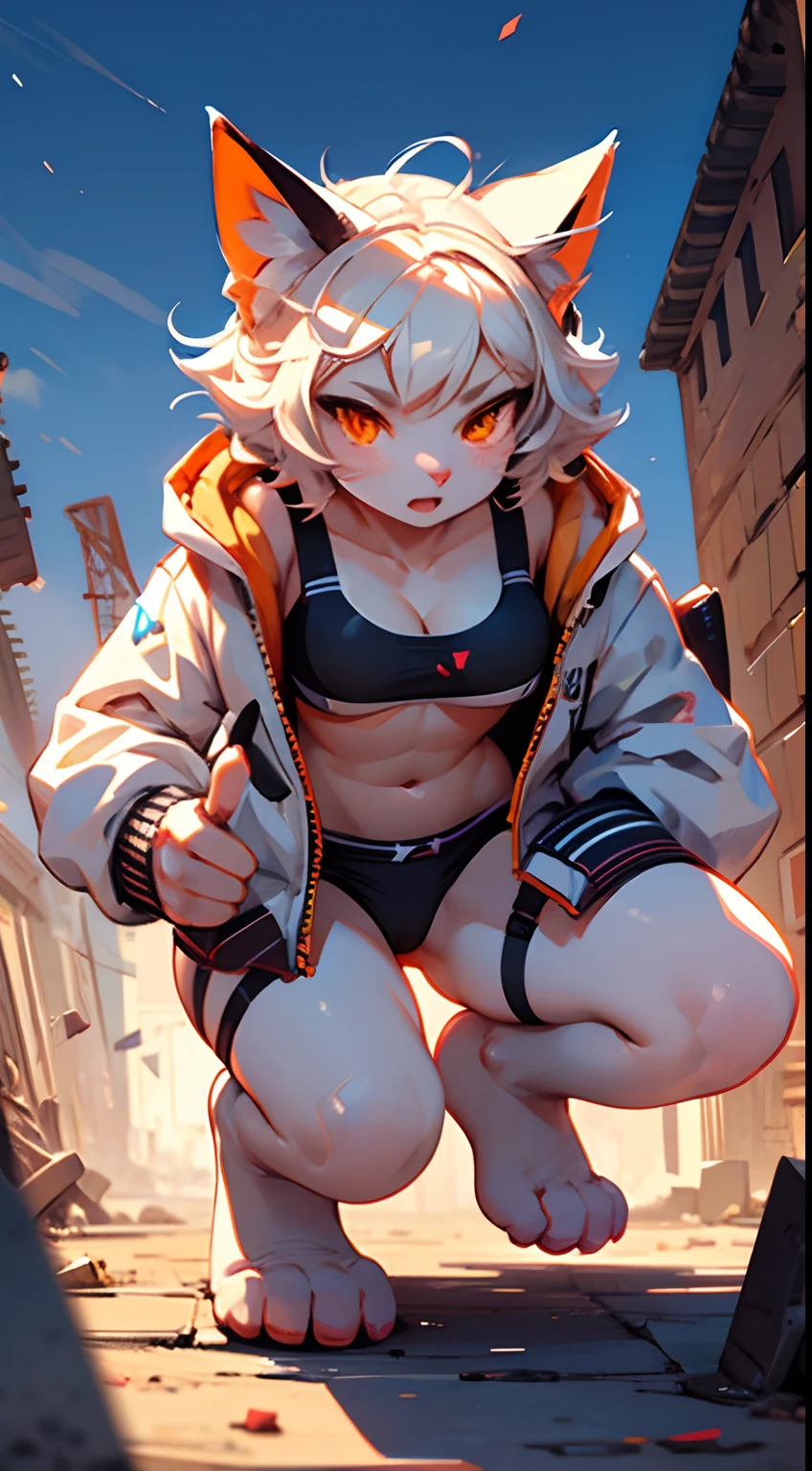 (masterpiece), best quality,

Body[expressive eyes, perfect face, furry, female cat girl, b cup breast, orange eyes, white body, short white hair, four fingers, four toes],

Clothes[orange opened jacket, black sports bra, black panties],

Place[ruins, Danger]