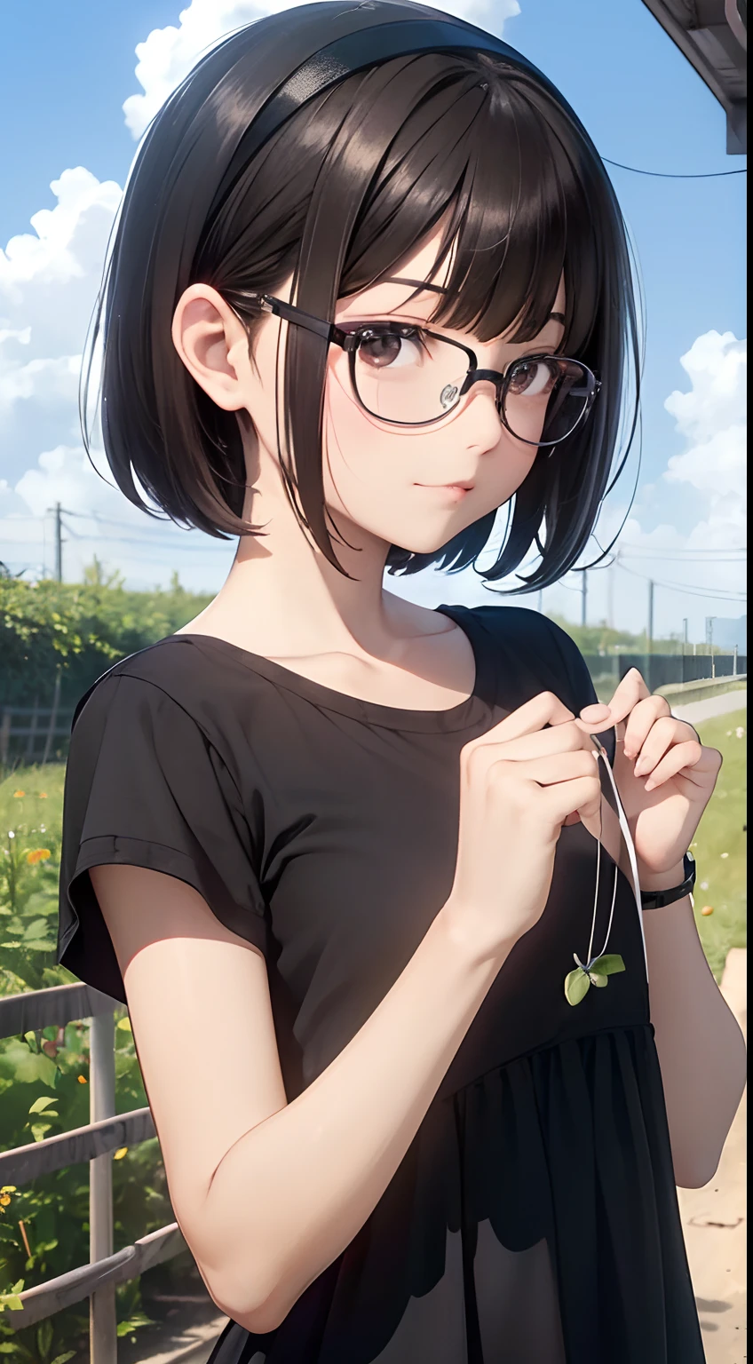 Tomato picking, Beautiful scenery, clear picture quality, Blue sky, (masutepiece, Best Quality, Capture super cute moments, depth of fields, ultra-detailliert, Ultra High Resolution, C4D, Octadale, 3D Modeling, 8K, 16 K, one girls,a junior high school student, small tits,A dark-haired,short-hair,straight haired,Light brown eyes, horseshoe-shaped hairband,wearing black glasses,Cute face)