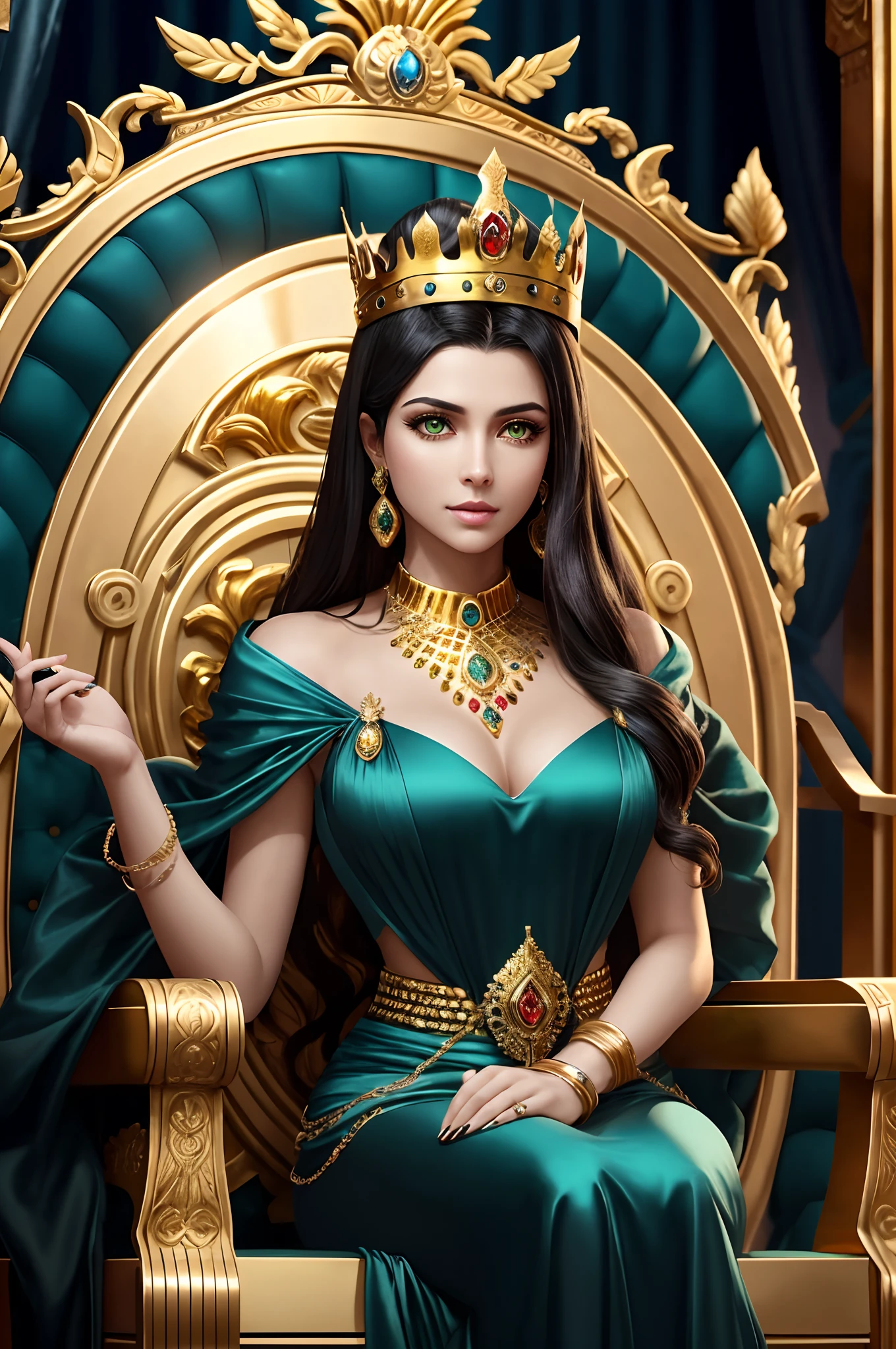 Queen of Babylon , with black hair and yellow green eyes, is glossy-skinned, looks gorgeous and dignified, has high self-esteem, wears long blue queen dress with jeweled belt, beautiful queen with perfect look, perfect body, beautiful face, puts on an golden crown, is sitting on golden throne, is commanding servants, Babylon iraqi palace, Peacocks, Babylon mythology, splendid atmosphere, photorealistic, super high quality, super detail, description of ultra-accurate, precise hands, masterpiece, 8K, HDR