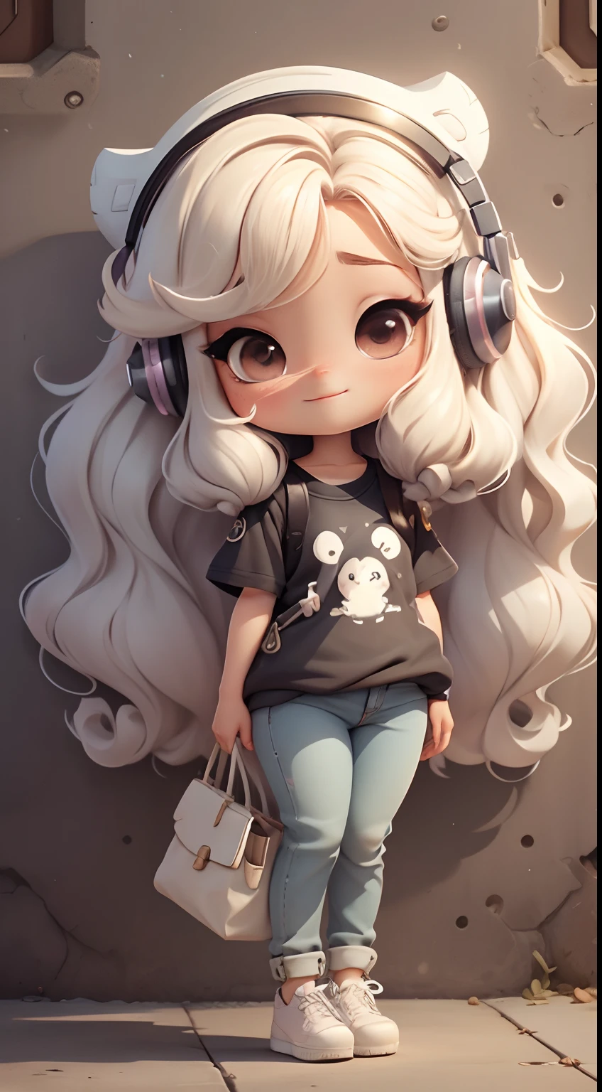 Chibi Doll， (Full Body Esbian, Including legs: 1.5)。Call her Marina.. Her hair is light-colored.. Your eyes should be large and expressive., Long eyelashes and rosy cheeks. A delicate white smile.  t-shirt, Pants and headphones.  Don't forget to add details to your clothes., Like buttons and bags., Cute shoes。Make sure to add shadows., Texture and details of hair, AR Clothing,  Make them more cute and charming..