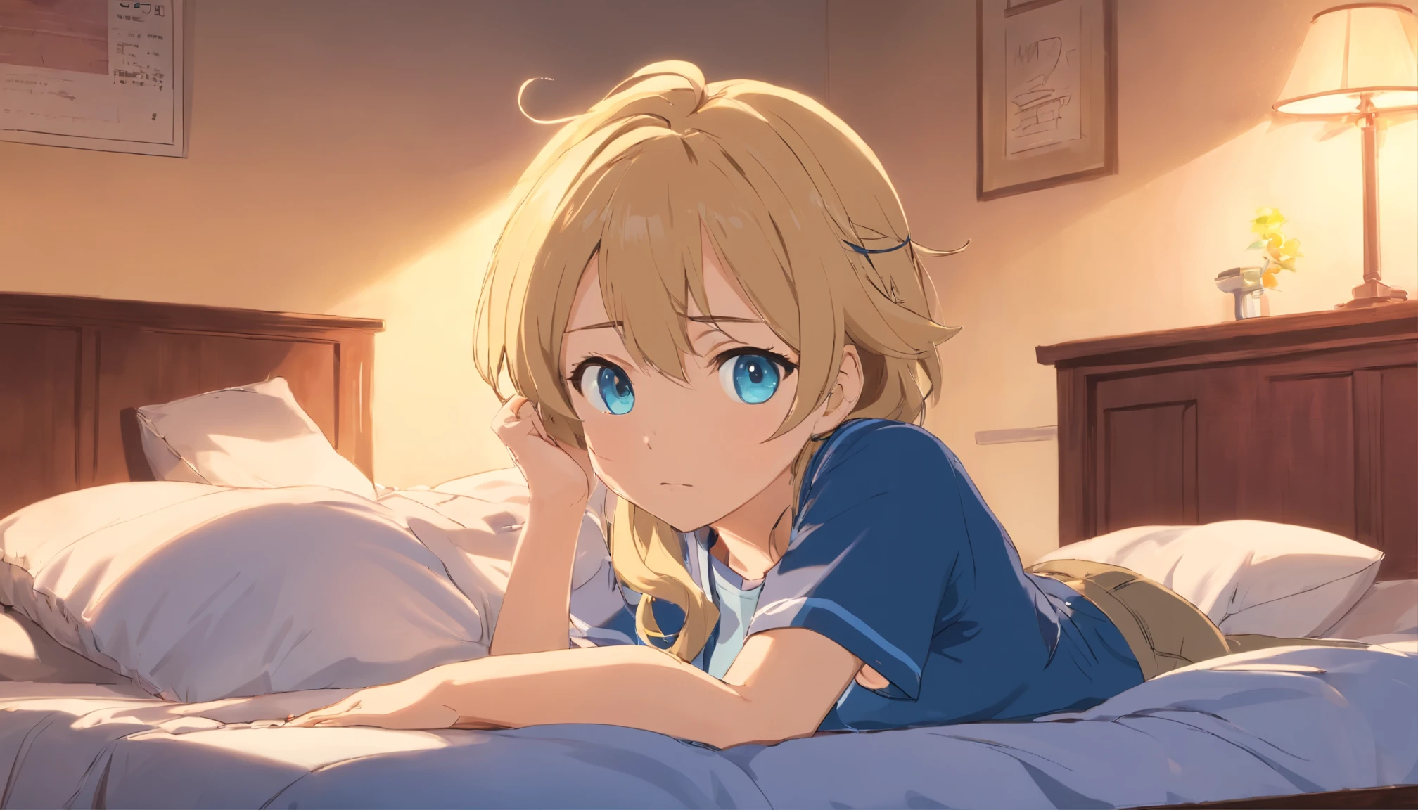 Could you make me a blonde girl with wavy hair and light blue eyes lying on the bed? She is wearing a dark blue shirt and a light blue cloth shorts, she has a peach skin and looks bored. In the bedroom there is a sonic plushie in the background along with a blue clock with no known brand, the camera angle is from top to bottom starting from her head to her feet. Add a slight blur to the background and some weak rays of light as if it were dawn, anime style with a slightly thick line stroke.