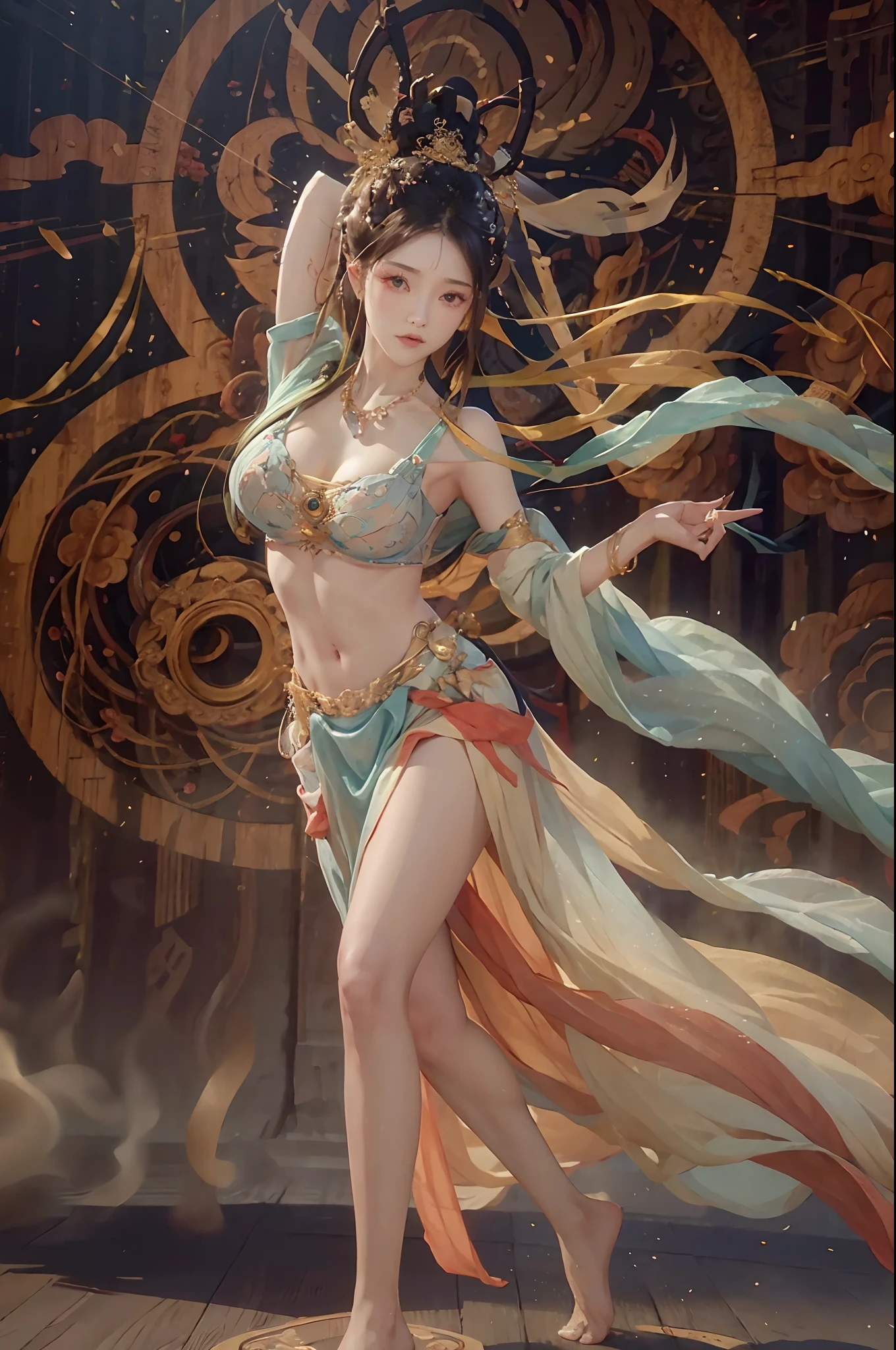 （RAW photos，best qualtiy），（realisticlying，photograph realistic：1.3），best qualtiy，highly  detailed，tmasterpiece，hyper-detailing，illustratio，1girll,(perfect female body,huge breasts,bare foot,navel)，dynamic angle，Masterpiece Theatre of the World，messy_long_hair，best qualtiy，extremely detailed CG unity 8k wal，ink，astounding，cinmatic lighting，lens_flare，，dunhuang_style
