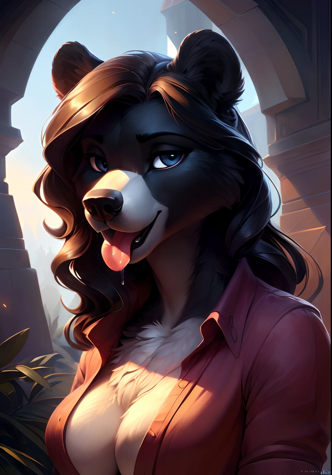 uploaded on e621, by Pixelsketcher, by Bayard Wu, by Thomas Benjamin Kennington , by Einshelm, solo anthro, ((face portrait)), BREAK, ((mouth open tongue out, saliva dripping)), ((wear unbuttoned shirt)), (detailed Bonifasko lighting), (detailed fur), (detailed skin), BREAK, ((mouth open tongue out, saliva dripping)), ((wear unbuttoned shirt)), ((wavy hair)), ((facing viewer )), (cinematic lighting), ((detailed background)), ((face view)), (((portrait view))), (half shadow), [backlighting], [crepuscular ray], [detailed ambient light], [gray natural lighting], [ambient light], (higher wildlife feral detail), [explict content], [sharp focus], (questionable content), (shaded), ((masterpiece), wavy hair, big hips, medium featureless breasts, breasts, furry black bear, black bear face, Furry Fantasy Art, Anthro Art, Commission for High Res, Furry Art, furry Art,Sakimichan beautiful, masterpiece, medium featureless breasts, best quality, detailed image, bright colors, detailed face, perfect lighting, perfect shadows, perfect eyes, girl focus, black bear eyes, flawless face, big featureless breasts, gorgeous, shiny face, face focus, black bear ears, black bear girl, fluffy, fluffy woman, face fur, animal nose, muzzle, two-tone fur, gaze at the viewer, half-closed eyes, 1girl, solo, full face only, (masterpiece), (best quality), (illustration), (cinematic lighting), wavy hair, detailed fur, balanced coloring, global illumination, ray tracing, good lighting, black bear, furry, anthro, showing featureless breasts, cleavage, attractive face, sexy face, looking at viewer, seductive look, SFW