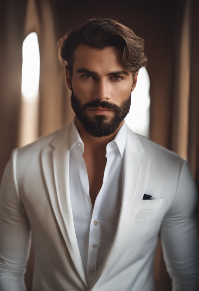 (Young Man wearing white suit without tie), ), (wearing beard,) attractive and serious look, long dark hair, stylish and elegant, shaved and strong body fitted in the suit, show body, (high quality and realistic image), in the background of an elegant office, cinematic style, ((Best quality, 8k, Masterpiece)., photorealistic, photo, masterpiece, realistic, realism, photorealism, high contrast, photorealistic digital art trending on Artstation 8k HD high definition detailed realistic, detailed, skin texture, hyper detailed, realistic skin texture, armature, best quality, ultra high res, (photorealistic:1.4),, high resolution, detailed, raw photo, sharp re, by lee jeffries nikon d850 film stock photograph 4 kodak portra 400 camera f1.6 lens rich colors hyper realistic lifelike texture dramatic lighting unrealengine trending on artstation cinestill 800,