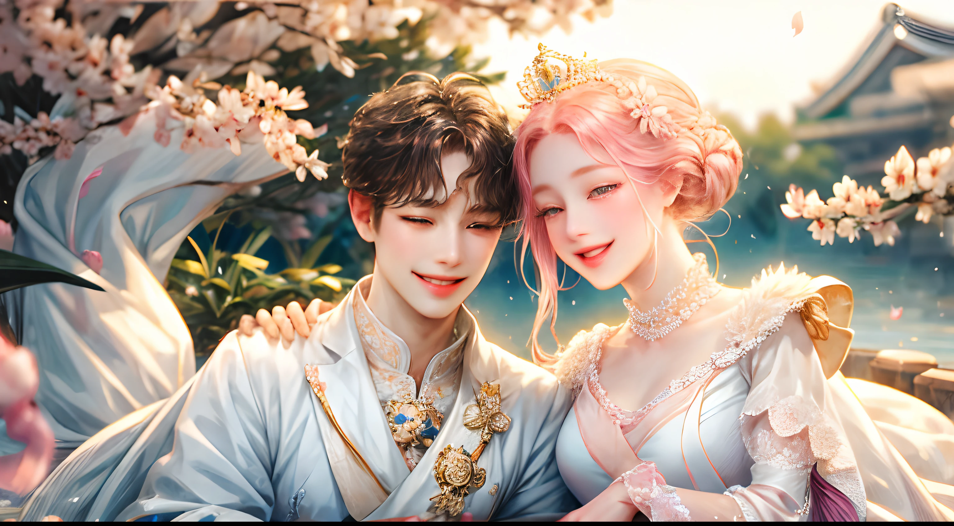 A young nobleman in love smiling happily to a cute princess, white outfit with sakura flower motif,realistic