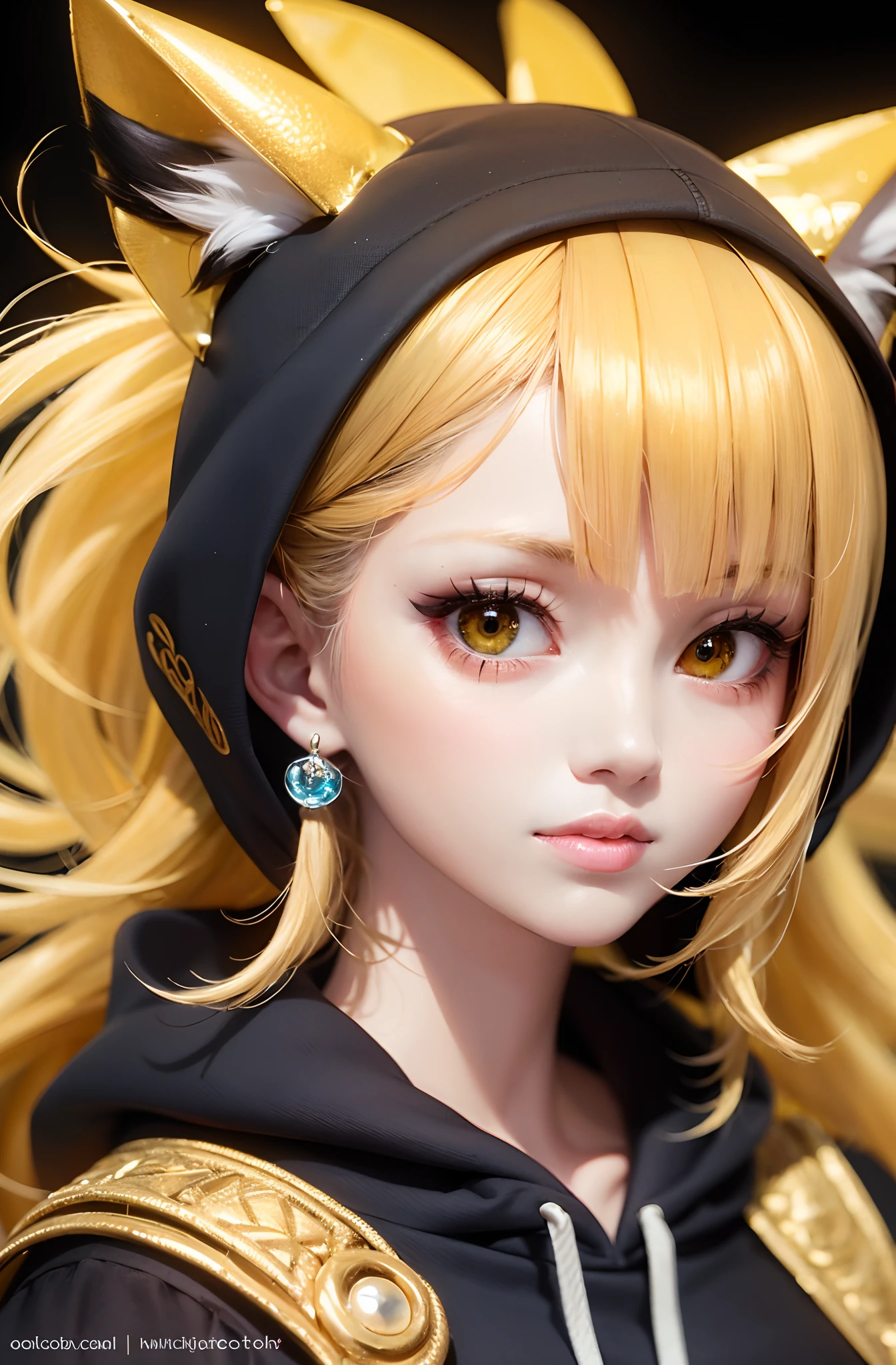 A close up of cute Lady wearing a hoodie, inspired by rossdraws, golden haired,with Pretty and glowing eyes, watermarked, background neon effects --auto --s2