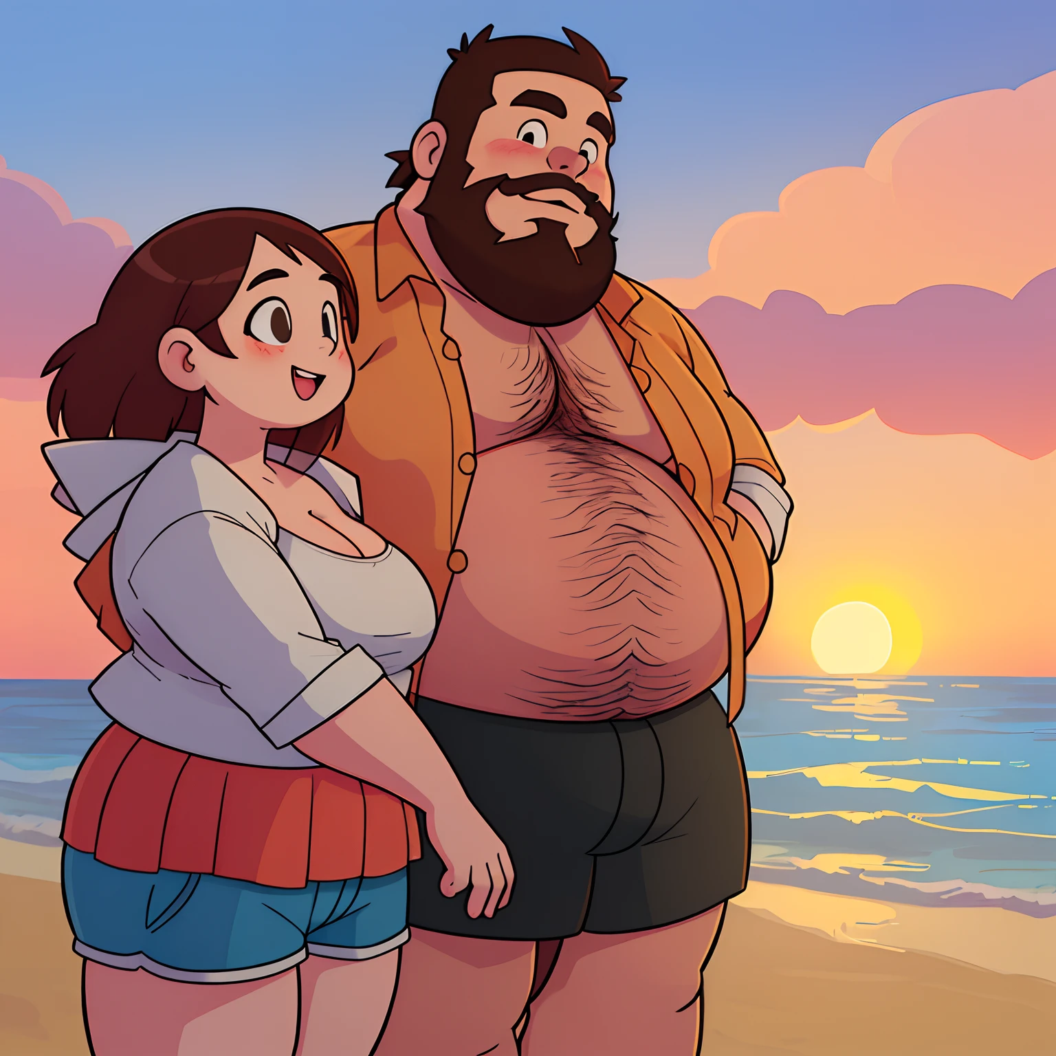 Very fat man with beard with girlfriend, at the beach, sunset, fat, open shirt, shorts, smiling