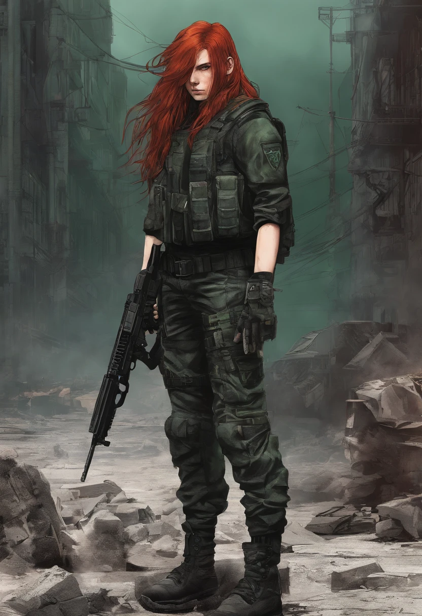 Masterpiece, highly detailed, 1Boy, long red hair, green perfecteyes, black top with rolled up sleeves, tactical pants, black boots, bulletproof vest, holding pistol.