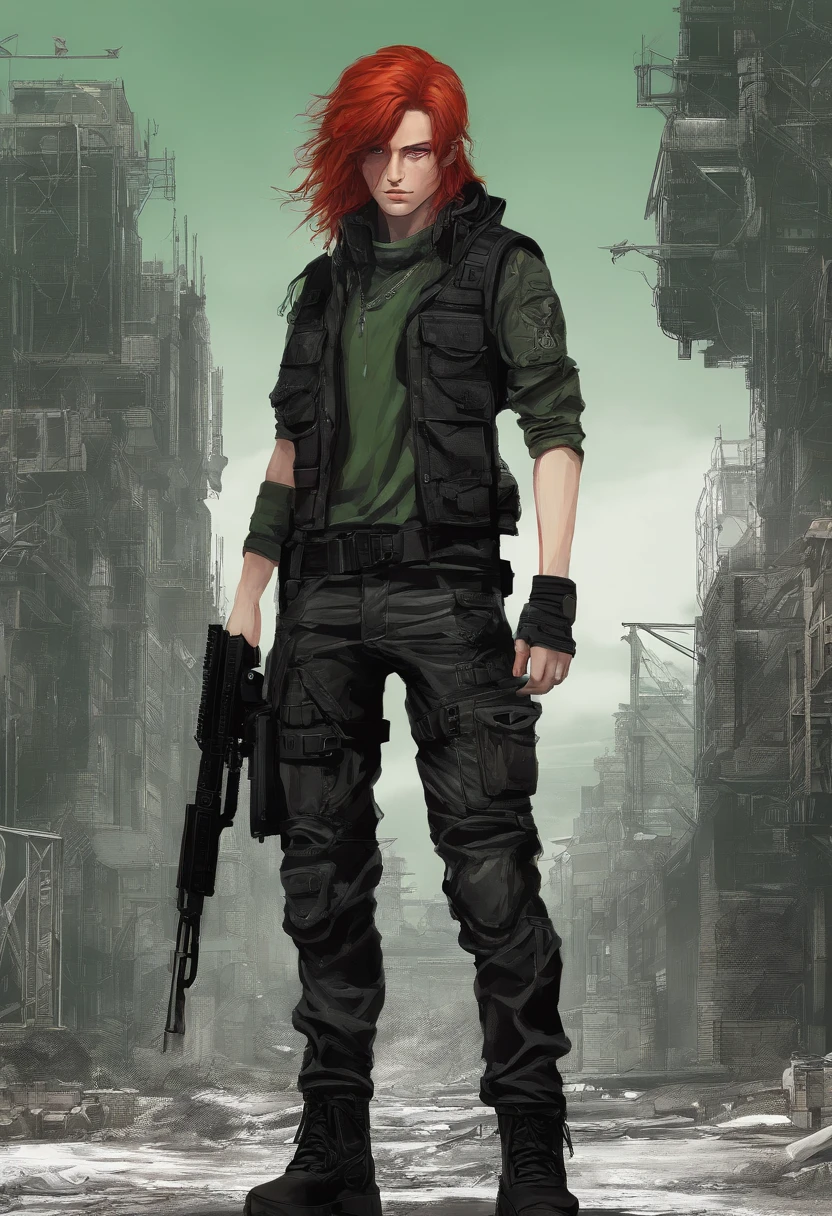 Masterpiece, highly detailed, 1Boy, long red hair, green perfecteyes, black top with rolled up sleeves, tactical pants, black boots, bulletproof vest, holding pistol.
