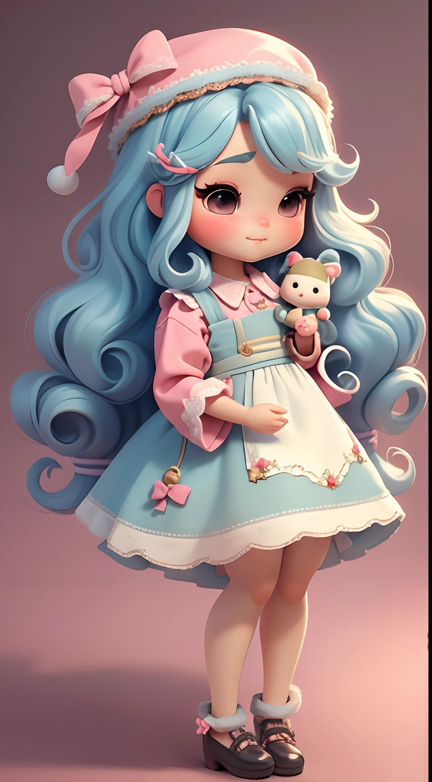 Create a loli chibi style doll dress with a cute Christmas theme., Each piece has a lot of detail and 8K resolution.. All dolls should follow the same and complete stable background pattern in the picture., Show (full entire body, Including legs: 1.5)
Christmas Dolls: Call her Bella.. She must have long, curly hair in pastel shades., Tie in two marias-chiquinhas. Your eyes should be big and bright., It has long eyelashes and rosy cheeks.. Bella should dress in delicate and long dresses., With patterned apron and long round skirt. She should wear a hat and have Christmas ornaments on hand., While the other party has nothing.. Don't forget the details., With colorful details and charming décor., Cute shoes
Don't forget to add shadows., Texture and detail in hair, clothes, Cute ornaments of each doll, To make them more cute and charming..