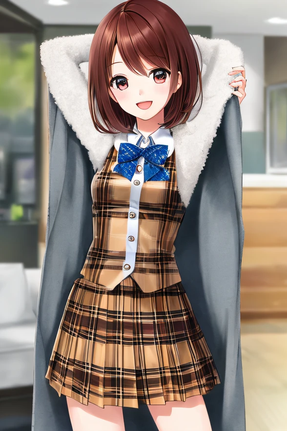 1 girl, Best quality, Ultra detailed, (minor:1.2), Round eyes, 
cheerfulness, :D, Medium breast, 
Red hair, Medium hair, , , 
isometry, Cowboy shot, arms out, 
Primary fur-trimmed coat, Unsaturated plaid skirt, 
In the distant future