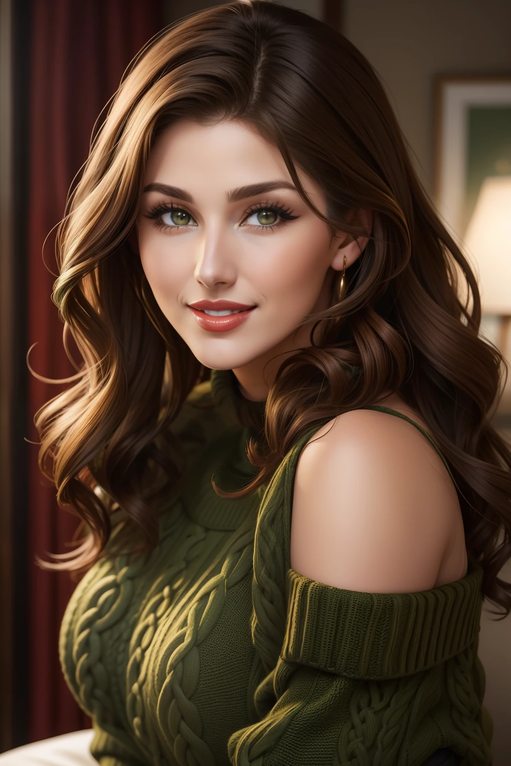lucy pinder, face portrait, red lipstick, smiling, brown hair, wavy hair, off shoulder sweater, dark green sweater,