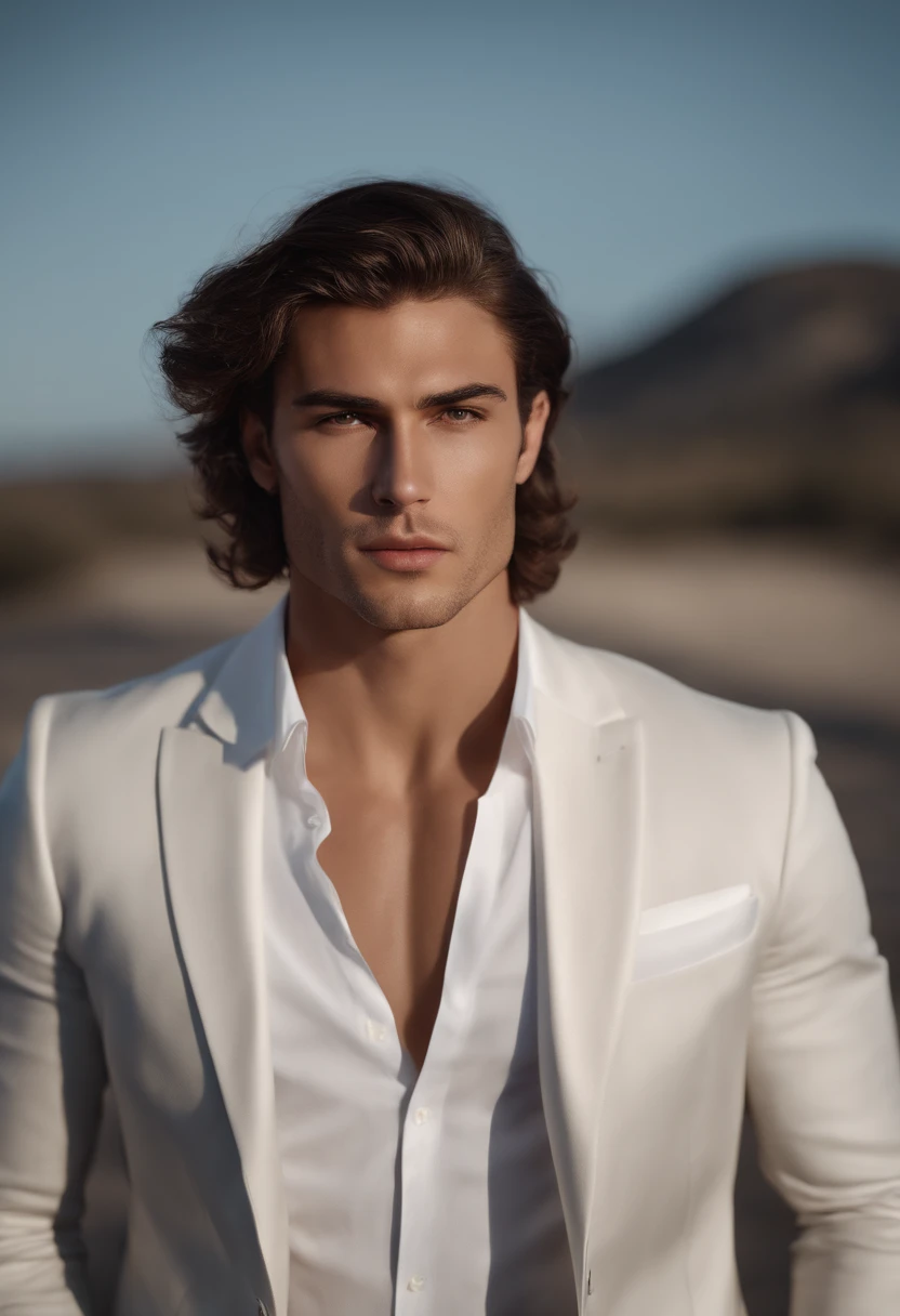 (Young 25 year old Man wearing white suit without tie), no beard, attractive and serious look, long dark hair, stylish and elegant, shaved and strong body fitted in the suit, show body, (high quality and realistic image), in the background of an elegant office, cinematic style, ((Best quality, 8k, Masterpiece)., photorealistic, photo, masterpiece, realistic, realism, photorealism, high contrast, photorealistic digital art trending on Artstation 8k HD high definition detailed realistic, detailed, skin texture, hyper detailed, realistic skin texture, armature, best quality, ultra high res, (photorealistic:1.4),, high resolution, detailed, raw photo, sharp re, by lee jeffries nikon d850 film stock photograph 4 kodak portra 400 camera f1.6 lens rich colors hyper realistic lifelike texture dramatic lighting unrealengine trending on artstation cinestill 800,