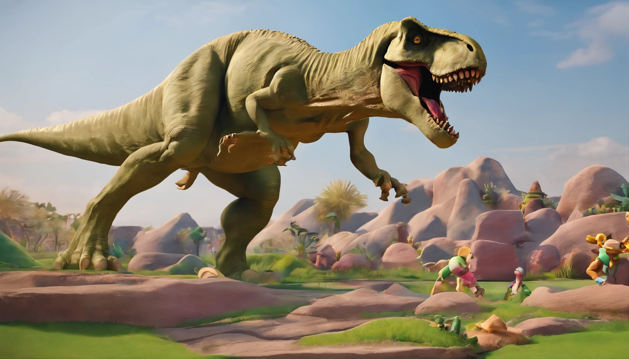 Fierce battle between T-Rex and Triceratops, (best qualtiy, 4K, hight resolution, ultra-detailliert), Fierce struggle, Roar and trumpet, Dusty prehistoric landscape, realistic shadow, Vivid colors, (detailliert, Convoluted, exquisite) Dinosaur scales and textures, dynamic movements, (Fierce, determined) Dinosaur facial expressions, (strong con, muscular) full bodyesbian, sharp teeth and corners, (big size ass, imposing) Size, (Dramatic, Dynamic) illuminating, (strong con, Energetic) Raises, (tension, anticipation) Widespread,One-to-one,bloods,Hunting,defence,The struggle between life and death