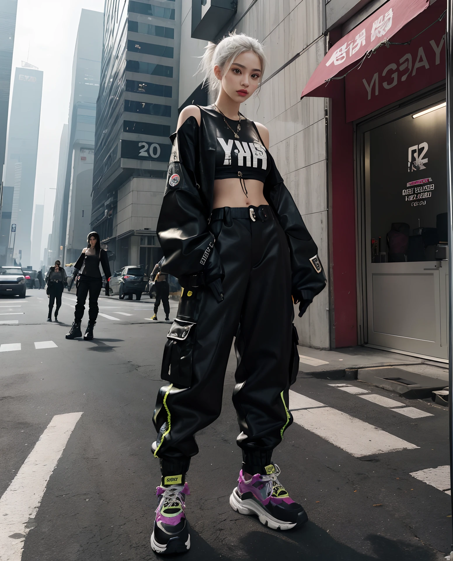arafed woman taking a picture of herself in a mirror, cargo pants. cyberpunk city, 2 0 2 0 fashion, cargo pants, cyberpunk streetwear, baggy pants, wearing cargo pants, y 2 k style, y2k style, street clothes, white trendy clothes, wearing cyberpunk streetwear, 2 techwear women, cute casual streetwear, large pants