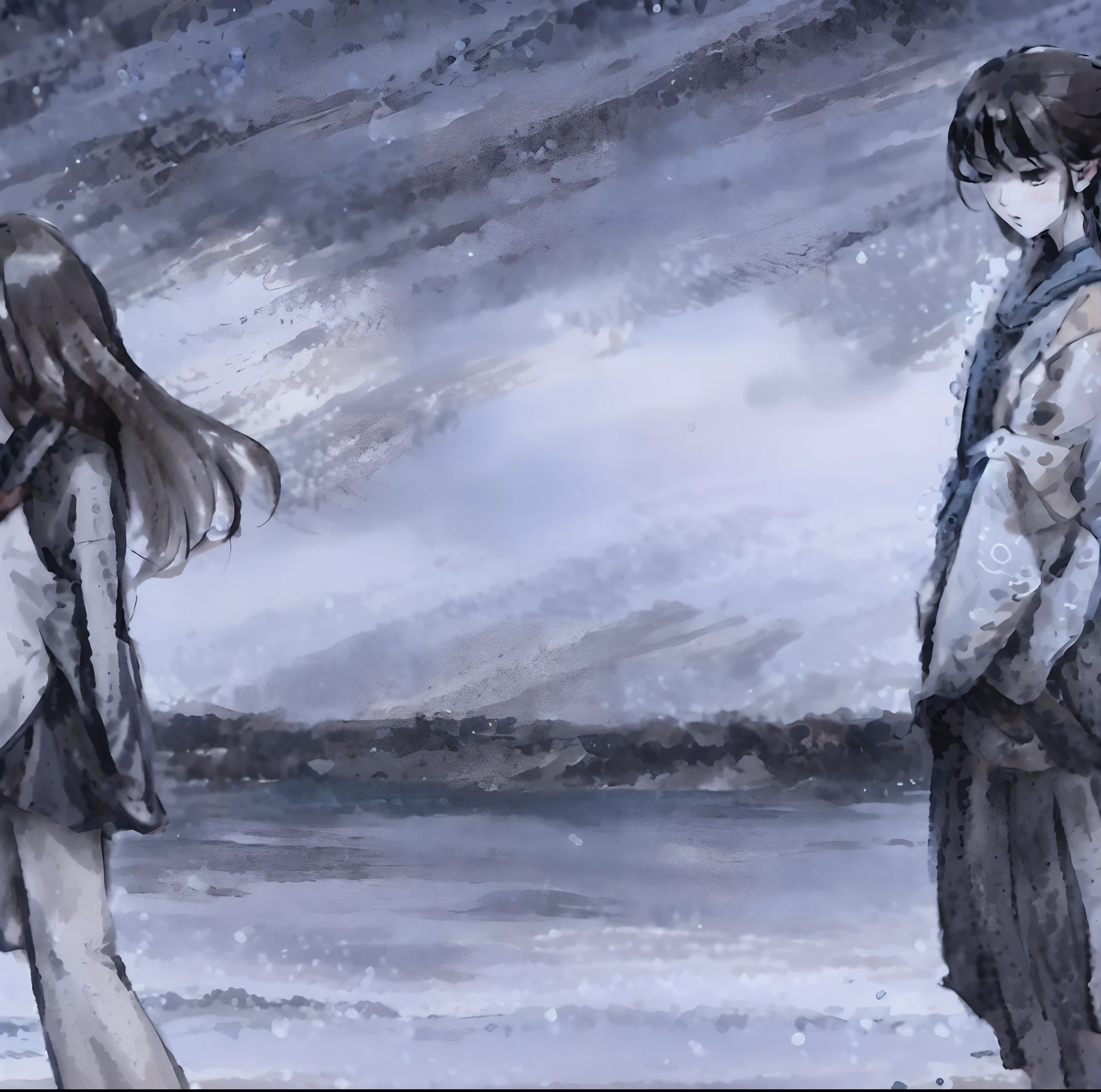 Painting of a man and a woman standing on the beach, Feeling of sadness, looking sad, sad scene, concept art of love, Fan art, on the beach, ilustration, melancholic art, sad mood, illustration!, sadness, by Jitish Kallat, author:Enrico Baji, movie concept art, emotional concept art, dramatic illustration