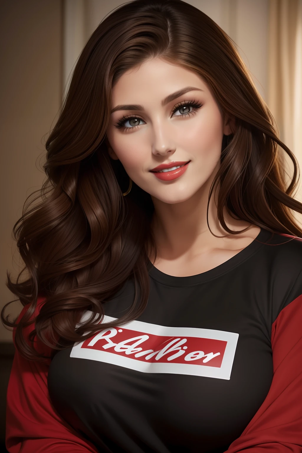 Lucy Pinder, Face Portrait, Red Lipstick, Smiling, Black Hair, Wavy Hair, Hoop Earrings, Silver T-shirt, Tattoos