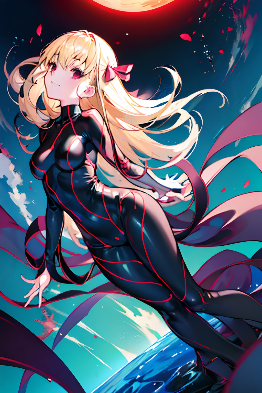 Carefully draw the face 5 year old girl High-quality faces in anime style a blond Shiny black full body suit Red lines all over the body seductiv a smile succubus Rear view