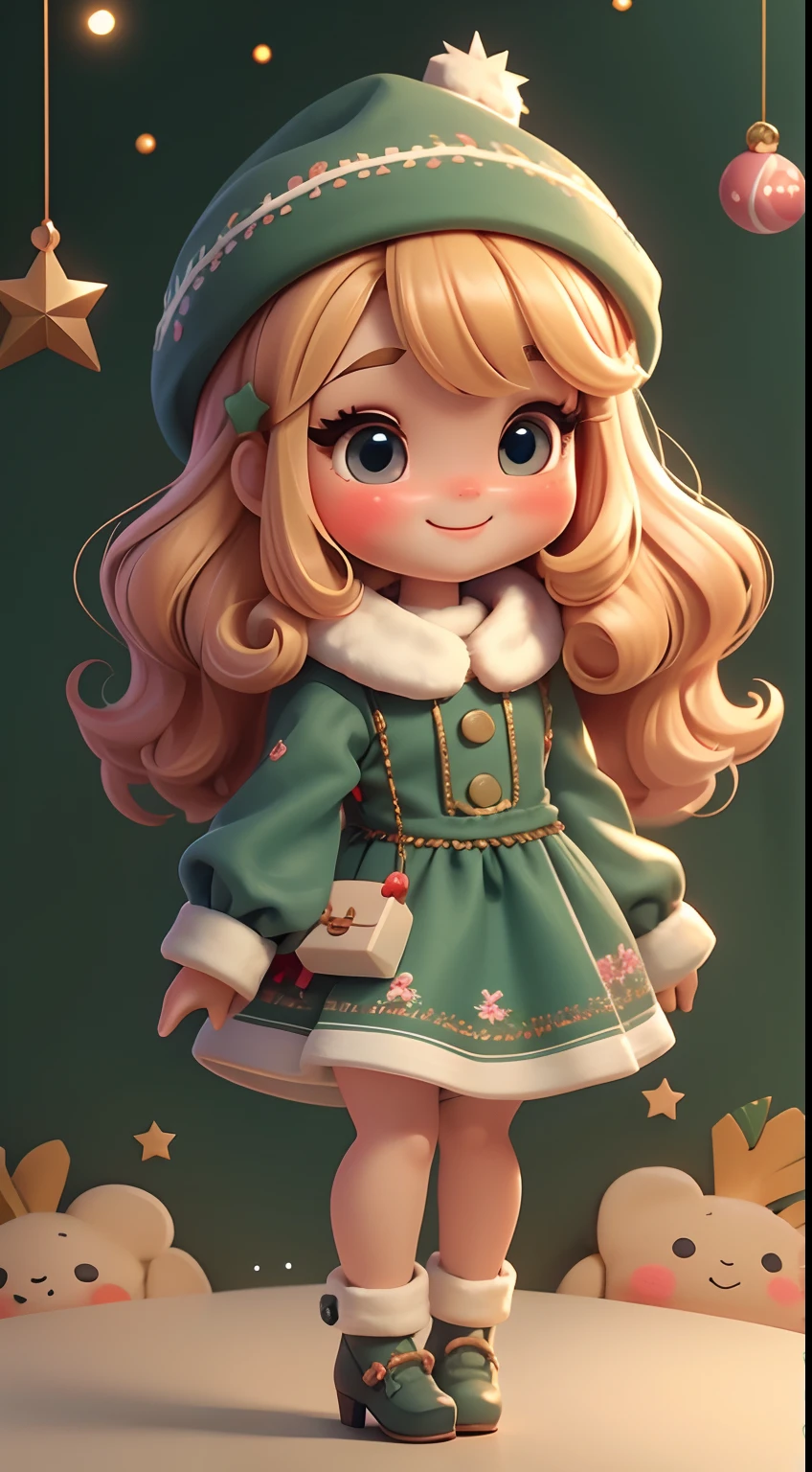 Create a chibi style doll dress with a cute Christmas theme., Smiling and cute, Each piece has a lot of detail and 8K resolution.. All dolls should follow the same and complete stable background pattern in the picture., Show (full entire body, Including legs: 1.5)
Christmas Dolls: Call her Bob.. She should have hair in colorful Christmas tones.. Your eyes should be big and bright., It has long eyelashes and rosy cheeks.. Jumpsuits in Christmas colors are required.. She should wear a hat and have Christmas ornaments on hand., While the other party has nothing.. Don't forget the details., With colorful details and charming décor., Cute shoes
Don't forget to add shadows., Texture and detail in hair, clothes, Cute ornaments of each doll, To make them more cute and charming..