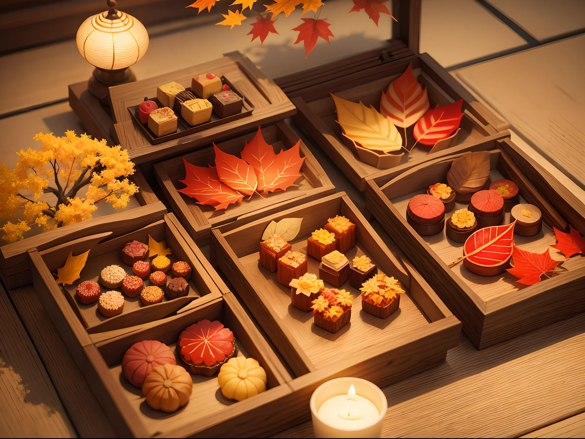 Japanese sweets in the shape of autumn leaves, masterpiece, super detail, best quality