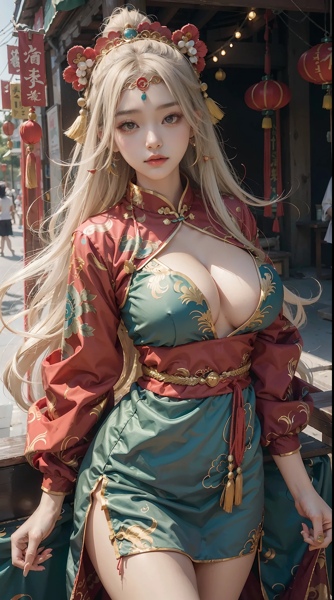 Girl in Chinese costume,largeeyes,Detailed clothing texture,beuaty girl,Colorful clothes,long whitr hair,shairband,hair adornments,head gear,obi strip,big breasts thin waist,Bigchest,lindo cenario,(城市),realisticlying