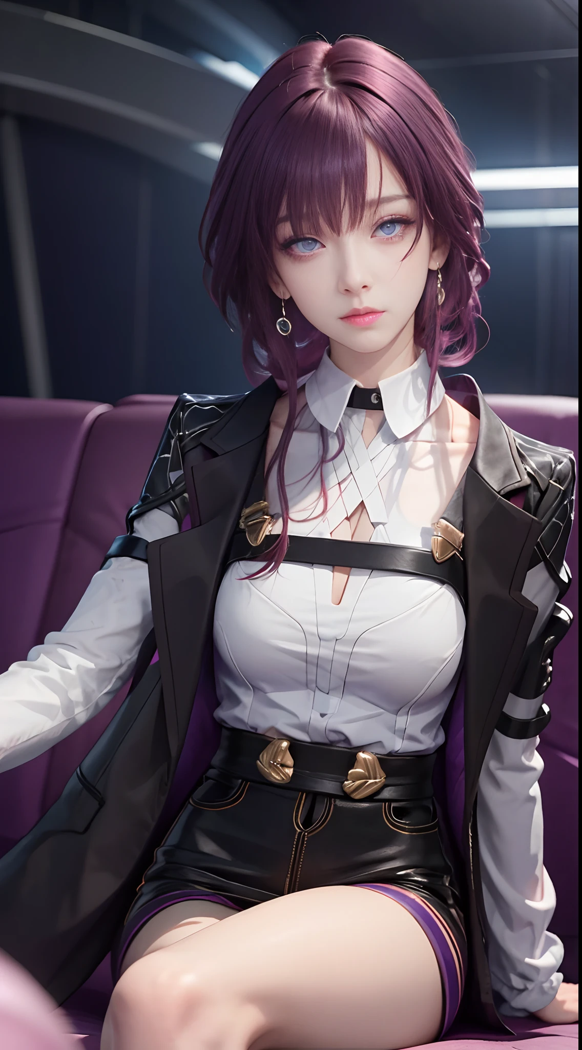 Masterpiece, Best Quality, 1girl, Official, Purple Eyes, Purple Hair, Bustiness, Cowboy Shot, Looking at the Audience, Dark, (Darkness), Cinematic Light, Edge Light, Delicate Eyes, (pureerosface_v1:0.5), Looking at the Audience, (Realisticity: 1.2), Provocative, Honkai Star Track, Cross-legged, Arrogant, Bangs Evil Face, Apocalyptic Background