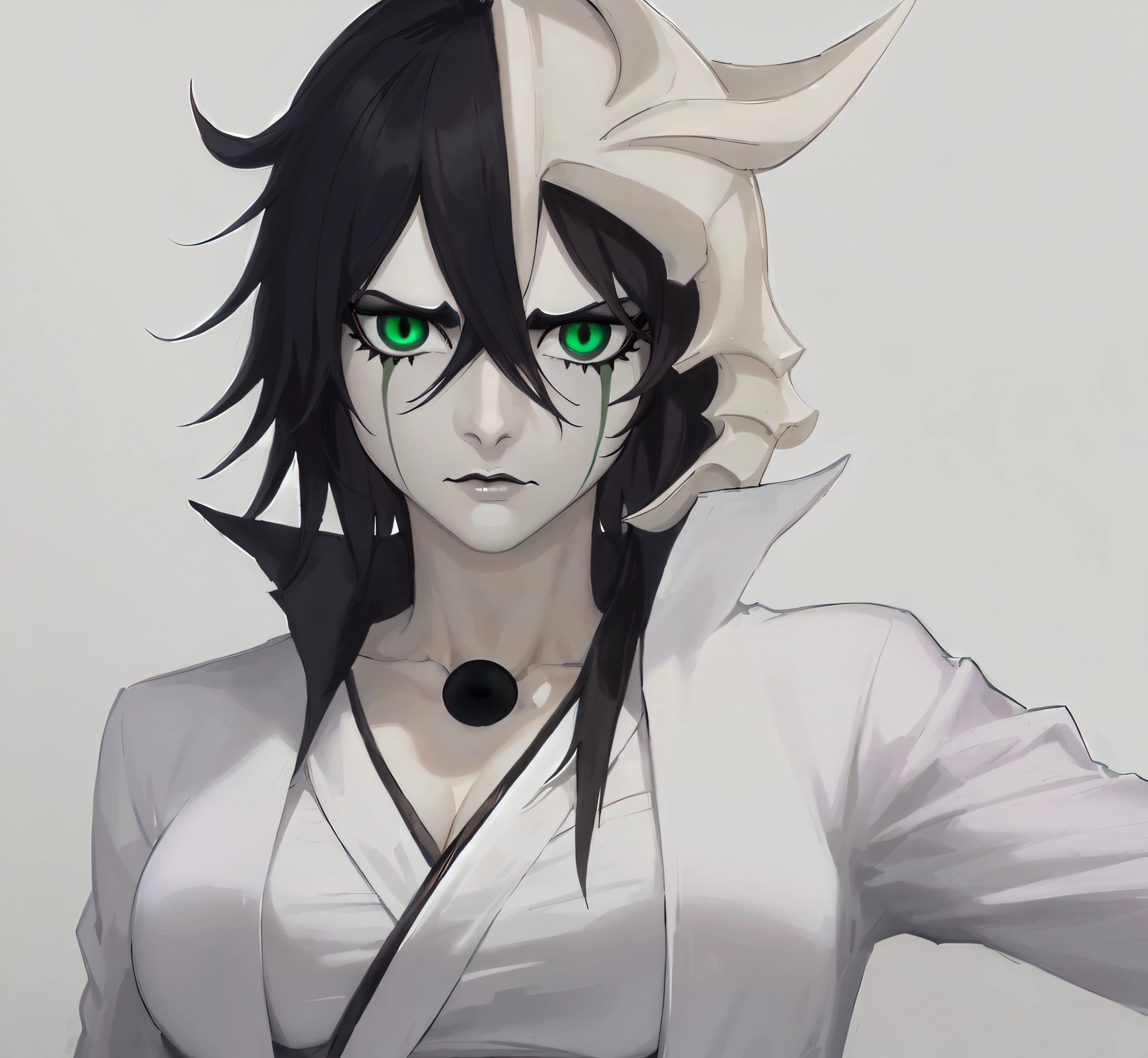 masterpiece, best quality, ulquiorra cifer, genderswap, female ulquiorra cifer, deadpan expression, female focus, black coloured upper lip, no eyebrows, eyelashes, pale grey skin, skin coloured lower lip, green lines which descend from the lower part of eyes, feminine lips, slit-shaped pupils