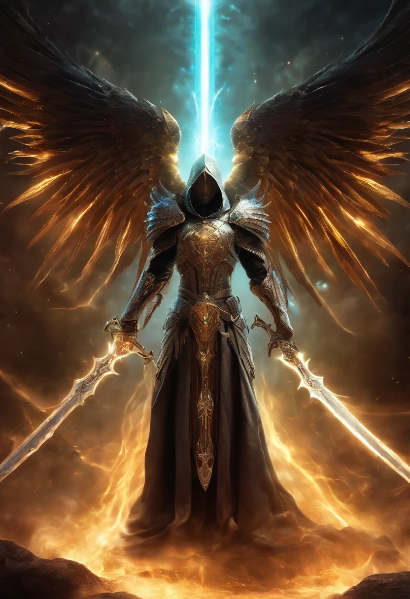 Cosmic Fallen Angel, Tyrael, Weapon holy swords in the hands, Glowing light eyes, biomechanical, eldritch, Creepy, nightmarish, Very bright colors, light particles, with luminous light, Wallpaper Art, UHD wallpaper,medieval garb