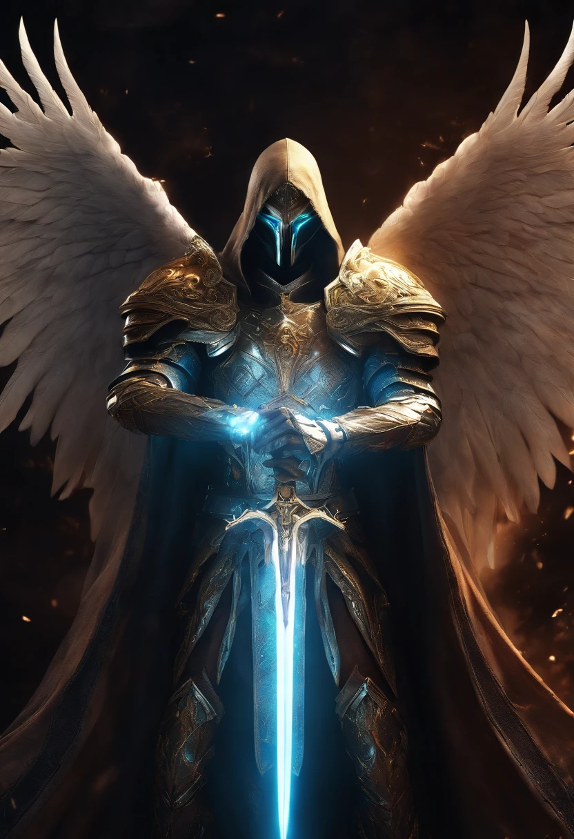 Cosmic Fallen Angel, Tyrael, Weapon holy swords in the hands, Glowing light eyes, biomechanical, eldritch, Creepy, nightmarish, Very bright colors, light particles, with luminous light, Wallpaper Art, UHD wallpaper,medieval garb