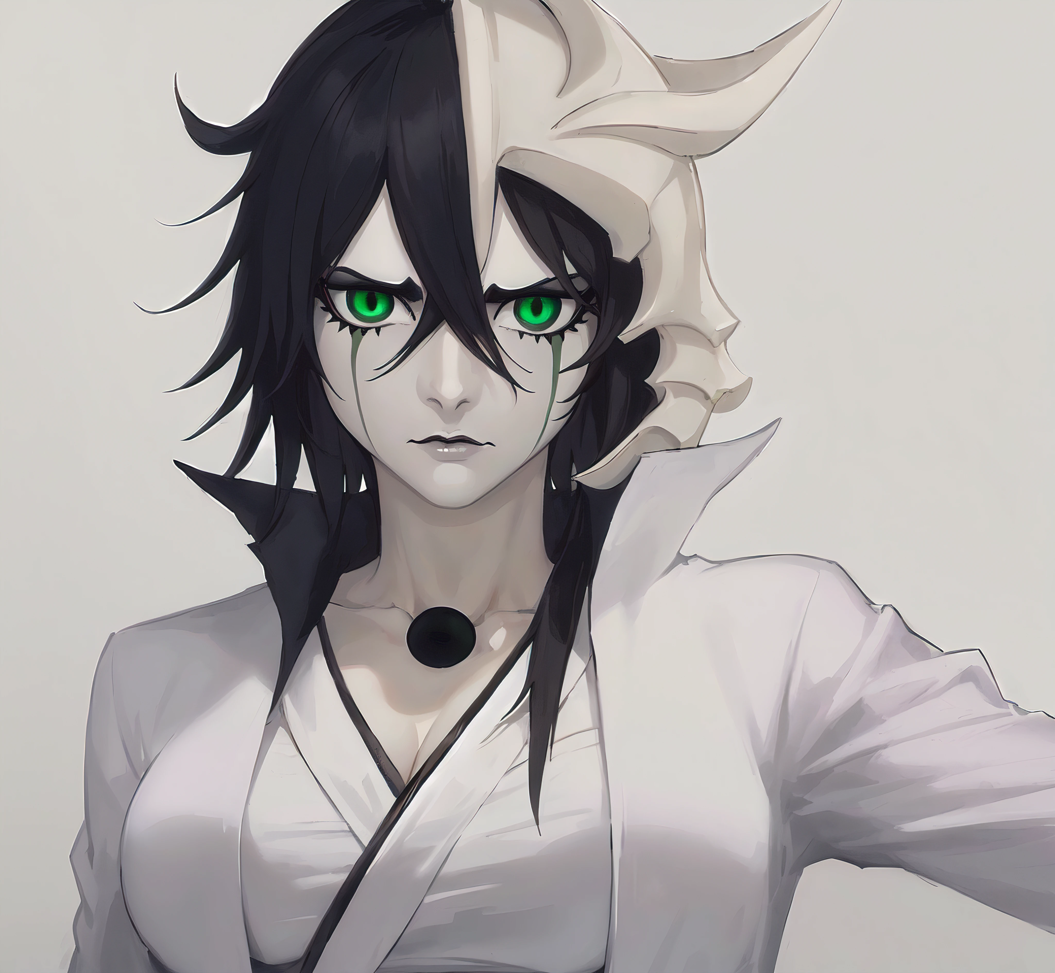 masterpiece, best quality, ulquiorra cifer, genderswap, female ulquiorra cifer, deadpan expression, female focus, black coloured upper lip, no eyebrows, eyelashes, pale grey skin, skin coloured lower lip, green lines which descend from the lower part of eyes, feminine lips, slit-shaped pupils