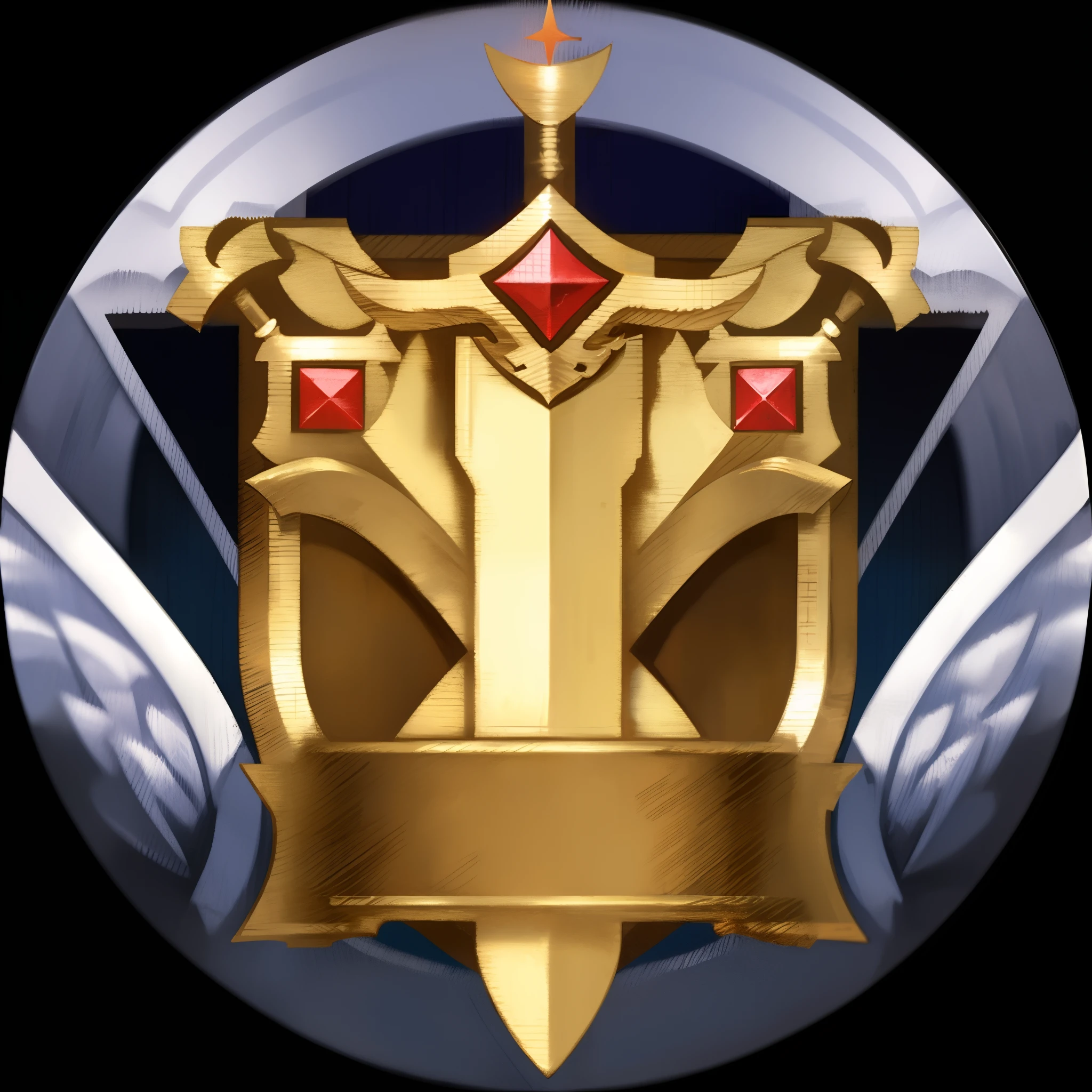The Golden Shield,He wears three swords and wings,medal,