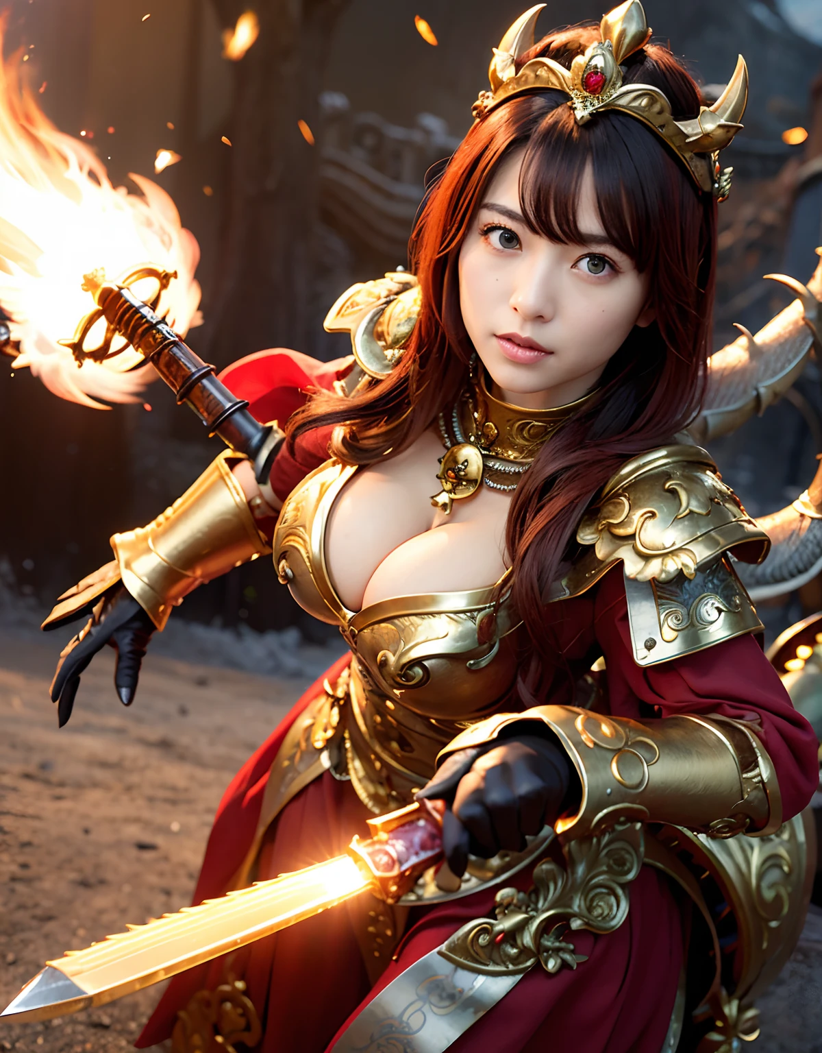 Professional , ​masterpiece、top-quality、photos realistic , 、top-quality、超A high resolution、(Photorealsitic:1.4)、Raw photo、depth of fields （Gemstone Gold Metal Body:1.9),(Matte White、Toostock、（cleavage of the breast）、（Detailed Dragon Armor）、（Have the strongest weapon）、（(Random Hairstyles 1.6),Dark Fantasy,）explosions、intense fighting、（Precipitous cliffs),Dragon Gold Weapon,Mystical expression、Particles of light、Fight dragons、（Detailed Dragon Helmet),Gorgeous Silver Weapons ,（（ Dragon's dense and gorgeous sword）） , Beautiful knife   ,warhammer 40k ,Detail and gorgeous crown、（（Red hair））、（Castle background）、、（（Gangle's forest background））、Beautiful Caucasian beauty、１a person、dynamic ungle,(((Detailed and ornate Black Devil Crown)))、Smaller head、A smile、Castle background、Thin and beautiful female hands、cleavage of the breast、Soldier in iron armor on background、Mystical expression、Light Effects、intense fighting、Wind-effect、magic circles、With the legendary magic wand、（demonic wings）、