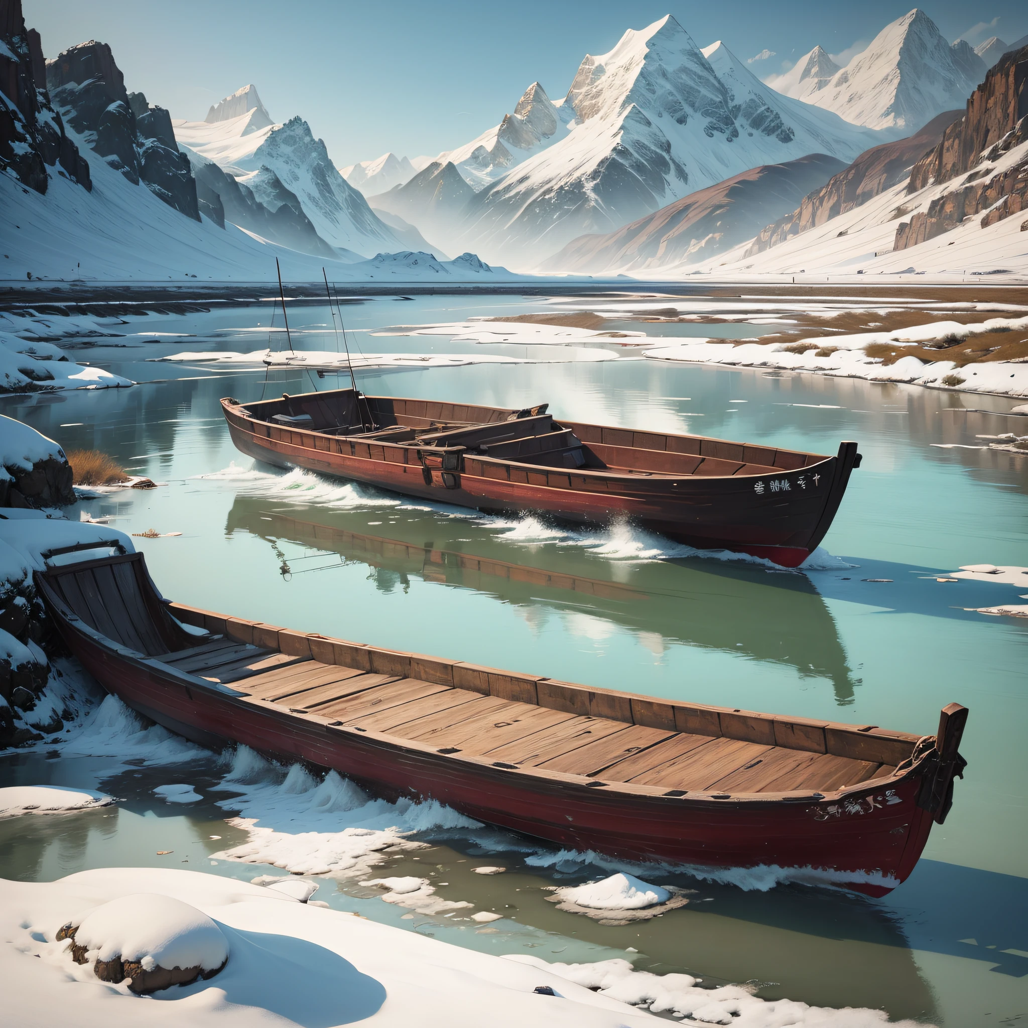 Chinese landscape painting,ink and watercolor painting,water ink,ink,Smudge,Faraway view,Ultra-wide viewing angle,Meticulous,Fishing boat vistas,Meticulous,Smudge,low-saturation,Low contrast,Fishing alone in the cold river snow,snow landscape,Beautifully depicted,A detailed,acurate,Works of masters,tmasterpiece