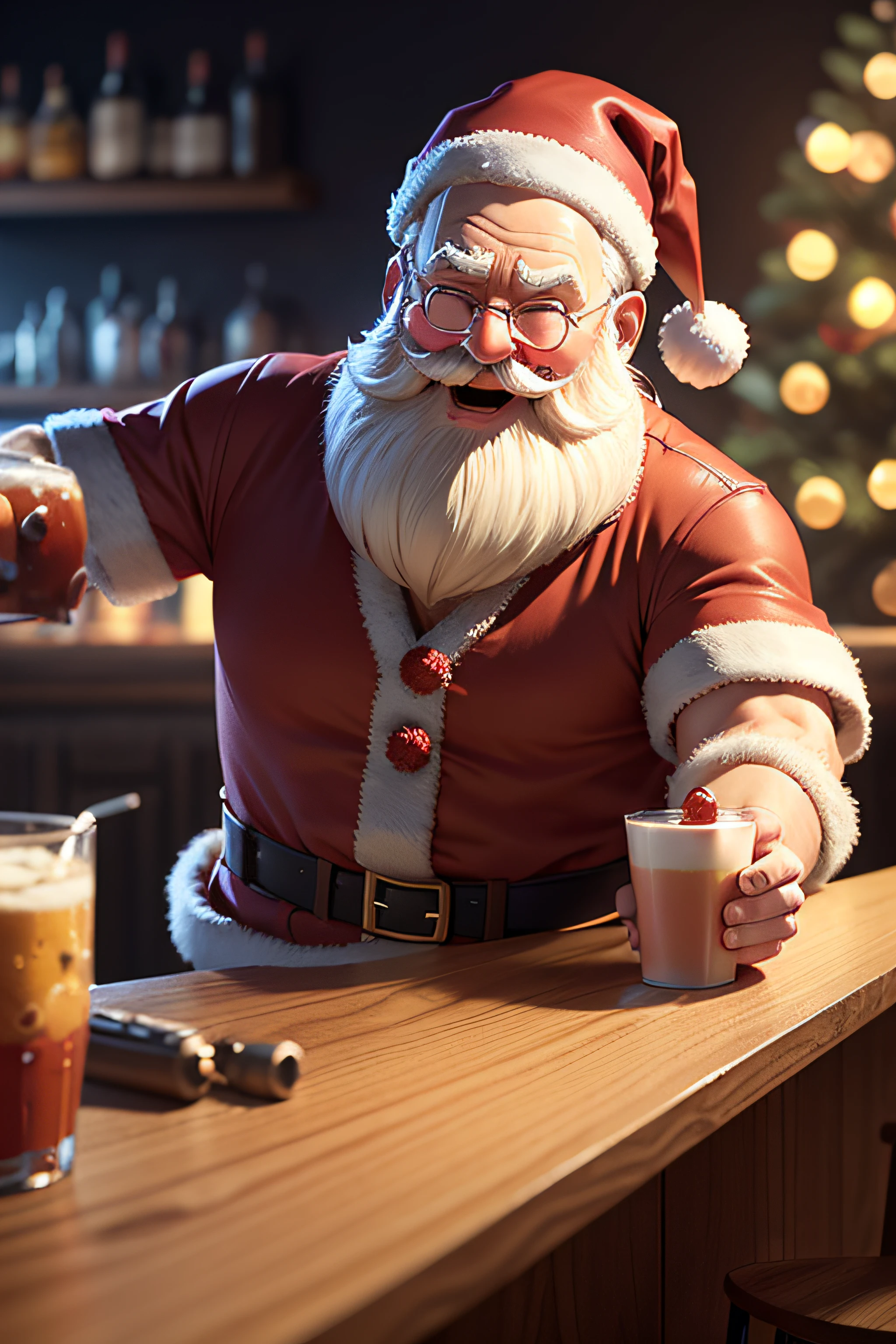 santa drunk at bar, pixar style, raytraced, 4k, sharp, funny, happy, cute