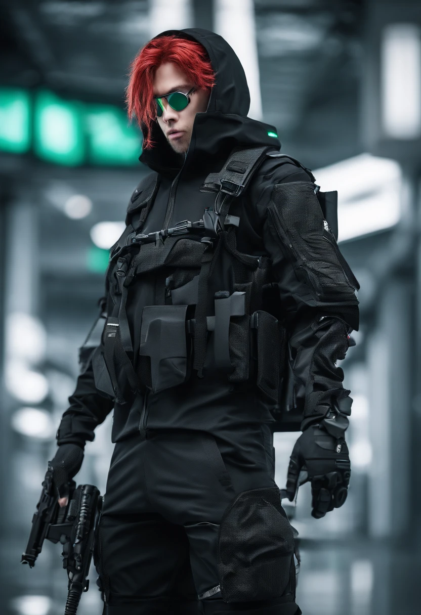 masterpiece, best quality, ultra-detailed, illustration, highly detailed, 1Boy, long red hair, green perfecteyes, black top with rolled up sleeves, tactical pants, black boots, bulletproof vest, holding pistol.