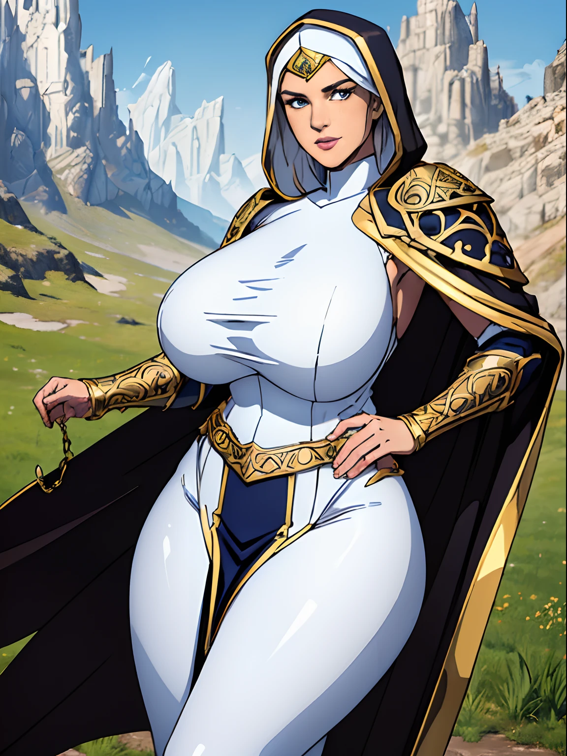 (masterpiece, top quality, best quality, official art, beautiful and aesthetic:1.2), (1girl:1.3), light freckles, fair skin, extremely detailed, portrait, looking at viewer, solo, (full body:0.6), detailed background, close up, (warm grasslands theme:1.1), holy paladin knight, charlatan, smirk, mysterious, swaying in mountains, modest attire, ((((ornate white and gold armor)))), cowl, nun hood, wimple, boob armor, cowl, robe, chain mail, chainmail, leggings, chainmail leggings, chain mail leggings, breastplate, tabard, gorget, hood, pauldrons, greaves, armored, long boots, longsword, shield, cape, cloak, pearlescent metal, white fabric, pale leather, ((((gigantic breasts)))), slim waist, slim hips, long legs, medieval (mountain exterior:1.1) background, dark mysterious lighting, shadows, magical atmosphere, dutch angle,