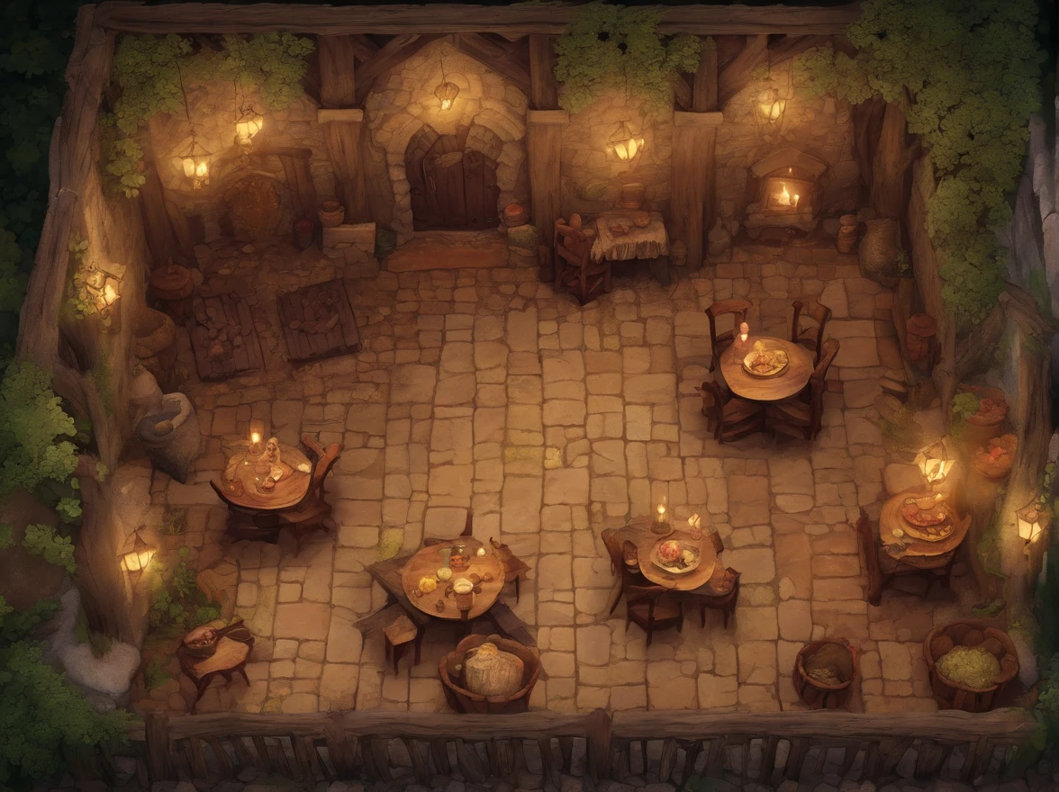 birdseye straight top-down shot from a drone, 2d, battle map of the well lit interior breakfast tavern, built sturdy, affluent but humble, dungeons and dragons, final fantasy, game art, (coherent architecture and interior, with realistic proportions and textures, intricate details, hand drawn, vibrant, cinematic lighting, masterpiece, 8k)