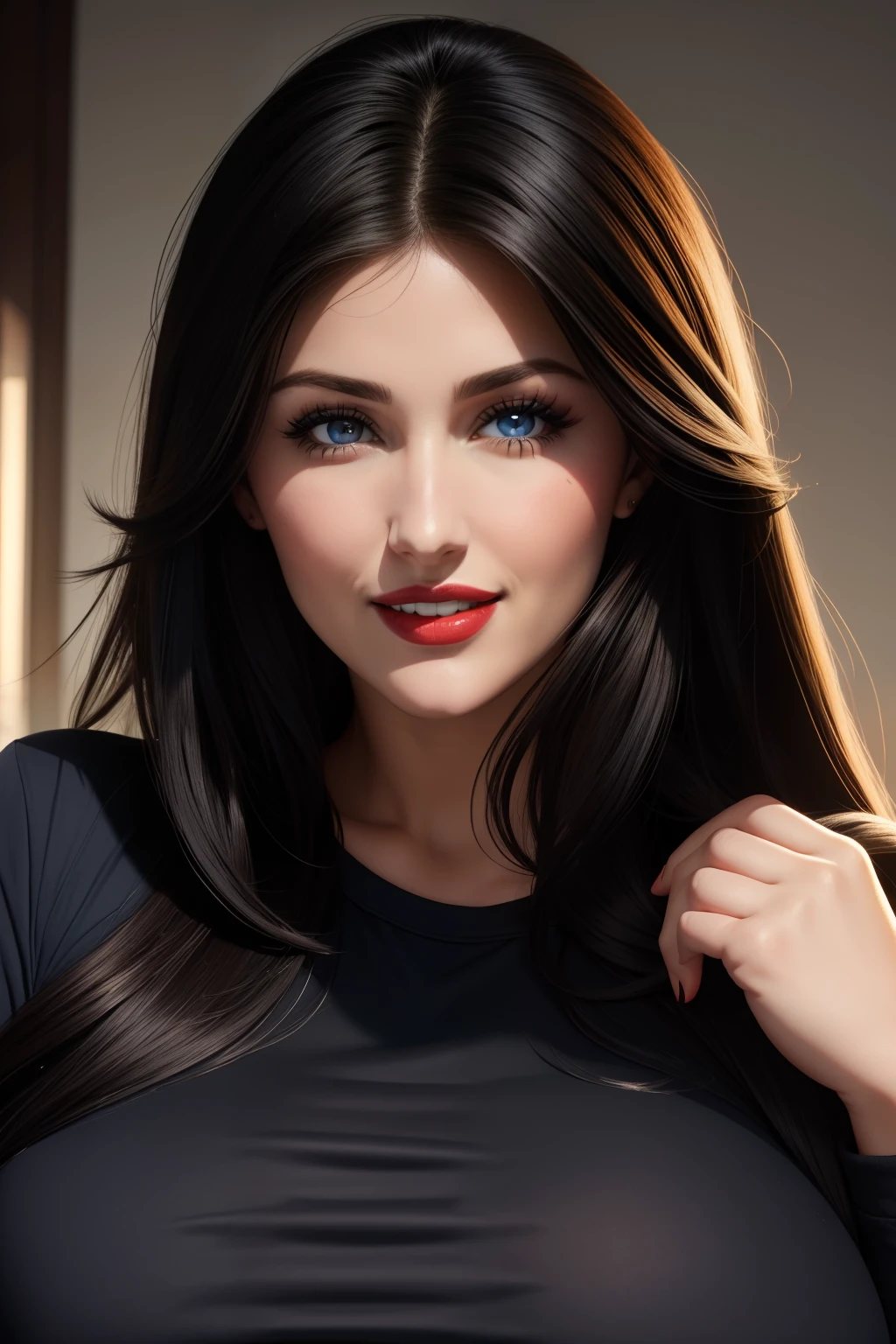 lucy pinder, face portrait, smiling, black hair, blue lipstick, white T-shirt