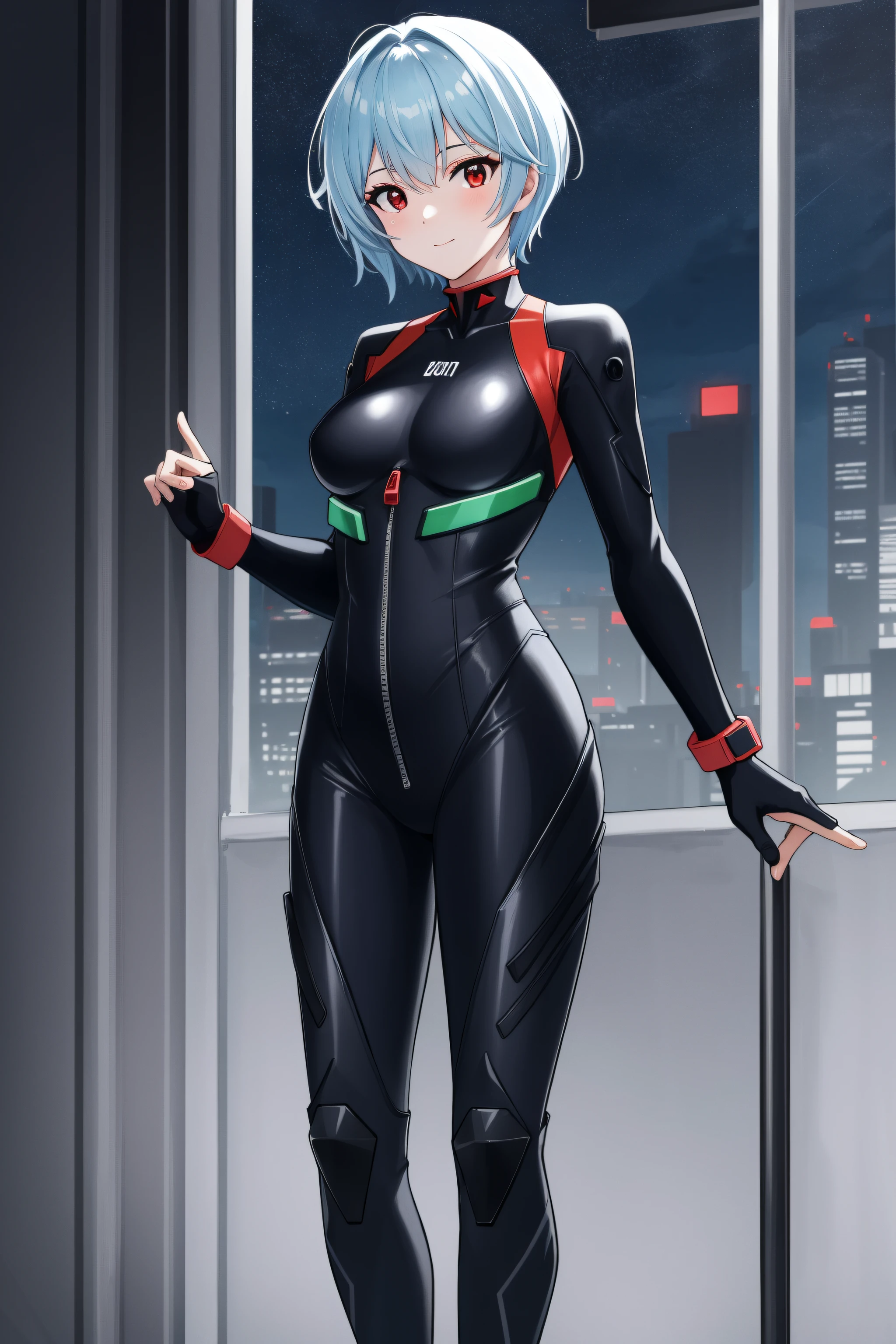 (Night:1.7), Cyberpunk_CityView, Before Window,
(Standing:1.7) at attention,
bodysuit, diving suit, long sleeves, swimsuit, wetsuit, zipper,
rei ayanami, blue hair, short hair, (red eyes:1.5),
1 girl, 20yo,young female,Beautiful Finger,Beautiful legs,Beautiful body,Beautiful Nose,Beautiful character design, perfect eyes, perfect face,seductive girl.teasing smile,
looking at viewer, (innocent_big_eyes:1.0),(expressionless:1.3),
NSFW,official art,extremely detailed CG unity 8k wallpaper, perfect lighting,Colorful, Bright_Front_face_Lighting,
(masterpiece:1.0),(best_quality:1.0), ultra high res,4K,ultra-detailed,
photography, 8K, HDR, highres, absurdres:1.2, Kodak portra 400, film grain, blurry background, bokeh:1.2, lens flare, (vibrant_color:1.2)
(Beautiful,medium_Breasts:1.4), (beautiful_face:1.5),(narrow_waist),(perfect hands, perfect anatomy),