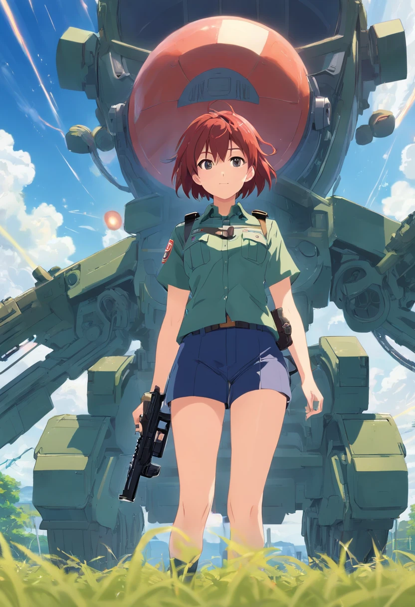 Tall soldiers,Wearing a military helmet,Wearing a military uniform,The rank is 3rd Classmate,Red hair,machine guns,Gatling,Ammunition is plentiful,Full fire,On the lawn,There is a rank on the helmet, 1girl, midriff