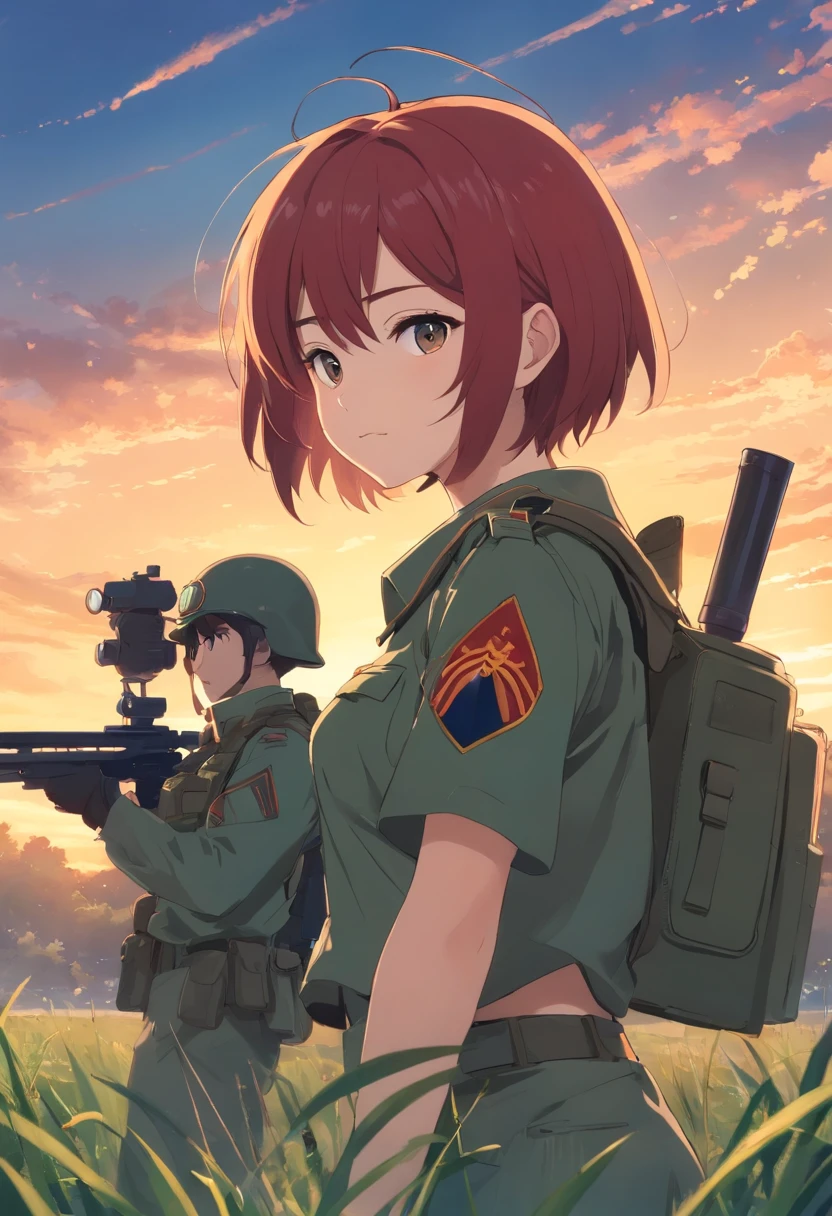 Tall soldiers，Wearing a military helmet，Wearing a military uniform，The rank is 3rd Classmate，Red hair，machine guns，Gatling，Ammunition is plentiful，Full fire，On the lawn，There is a rank on the helmet, 1girl, midriff