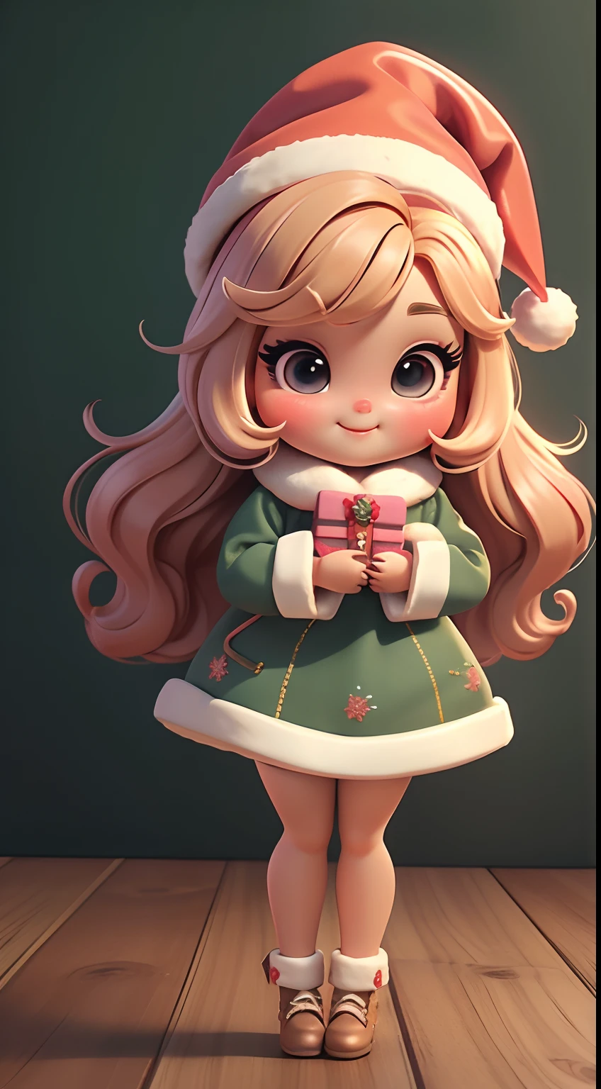 Create a **** chibi style doll dress with a cute Christmas theme., Smiling and cute, Each piece has a lot of detail and 8K resolution.. All dolls should follow the same and complete stable background pattern in the picture., Show (full entire body, Including legs: 1.5)

Christmas Dolls: Call her Bob.. She should have hair in colorful Christmas tones.. Your eyes should be big and bright., It has long eyelashes and rosy cheeks.. Jumpsuits in Christmas colors are required.. She should wear a hat and have Christmas ornaments on hand., While the other party has nothing.. Don't forget the details., With colorful details and charming décor., Cute shoes

Don't forget to add shadows., Texture and detail in hair, clothes, Cute ornaments of each doll, To make them more cute and charming..